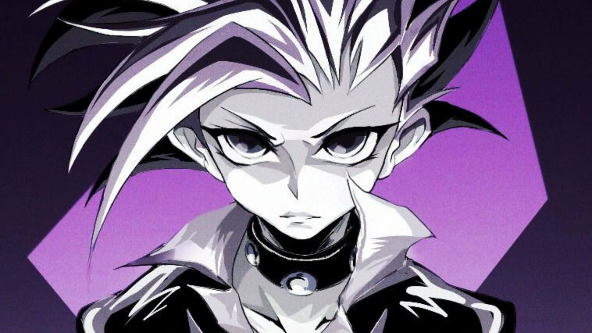 Yu-gi-oh Yuto 桌布 壁紙 — 一個兇猛的動漫角色，有著尖刺的白色和黑色頭髮，在一個大膽的紫色幾何背景前強烈凝視。