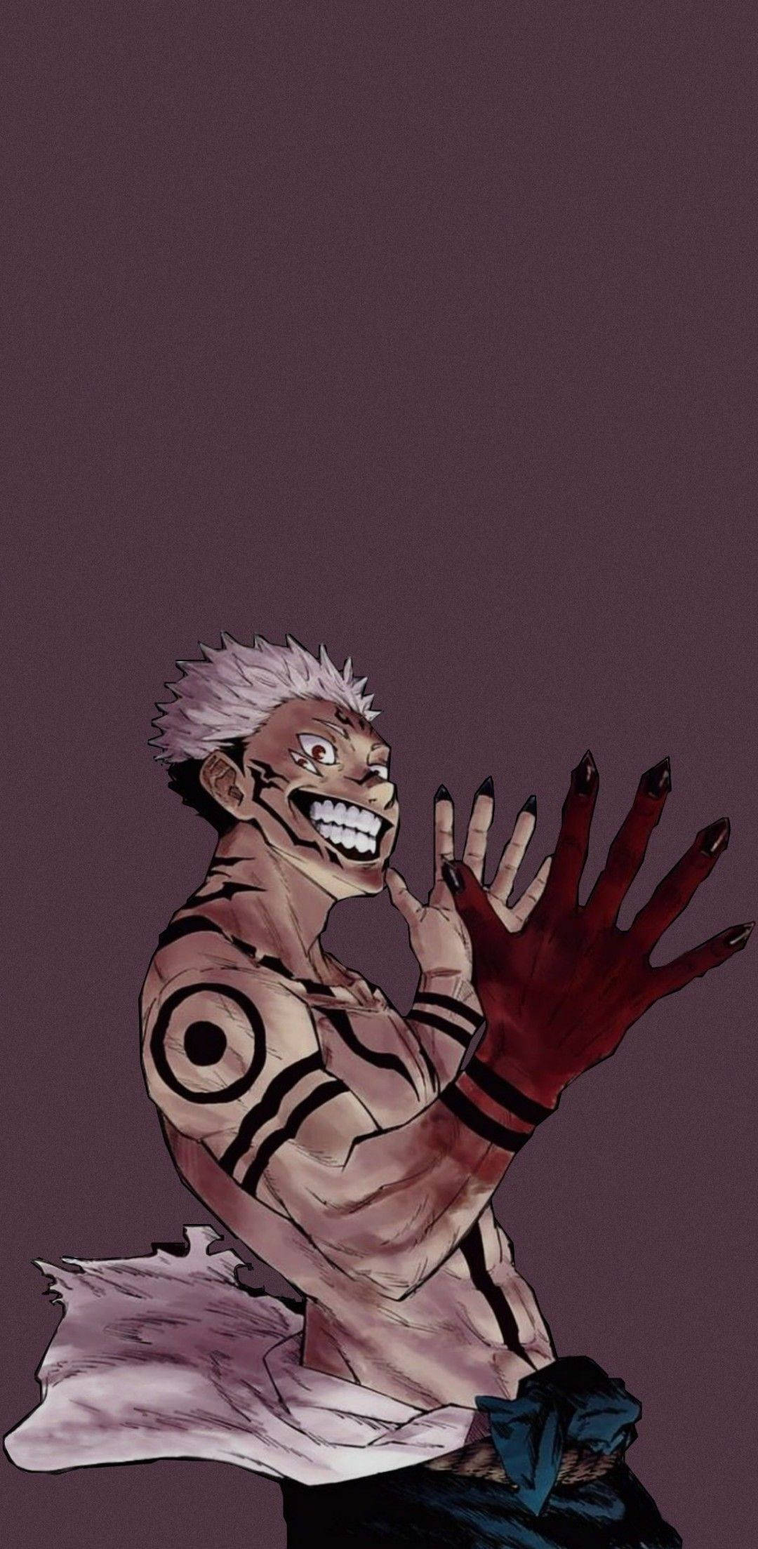 Jujutsu Kaisen Phone 桌布 壁紙 — 一個兇猛的動漫角色，有著尖刺的白髮和戴著紅色手套的手，在深紫色背景上向前猛衝。
