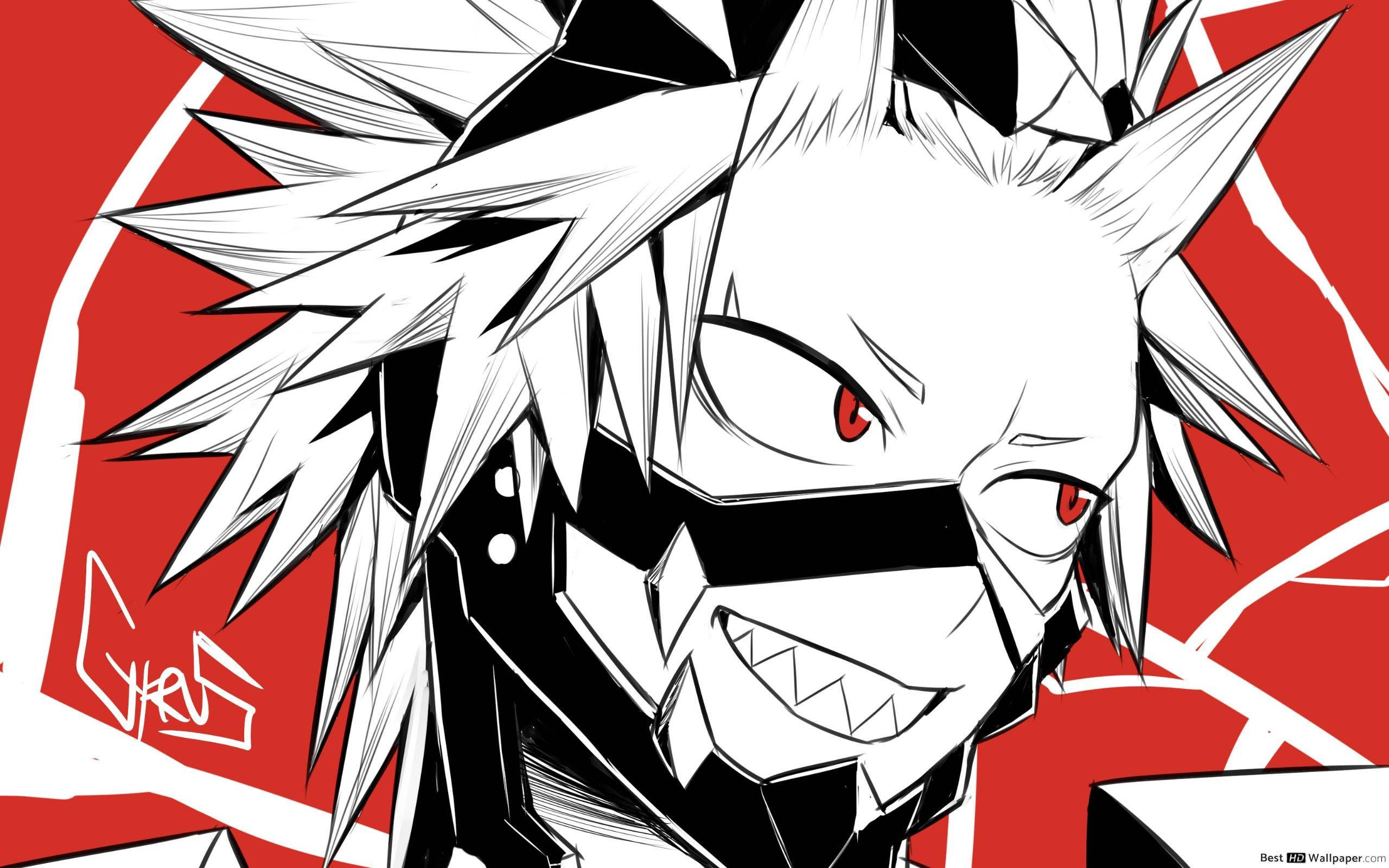 Kirishima 桌布 壁紙 — 一個兇猛的動漫角色，有著尖刺的白髮和紅色的眼睛，在醒目的紅白背景下咆哮。