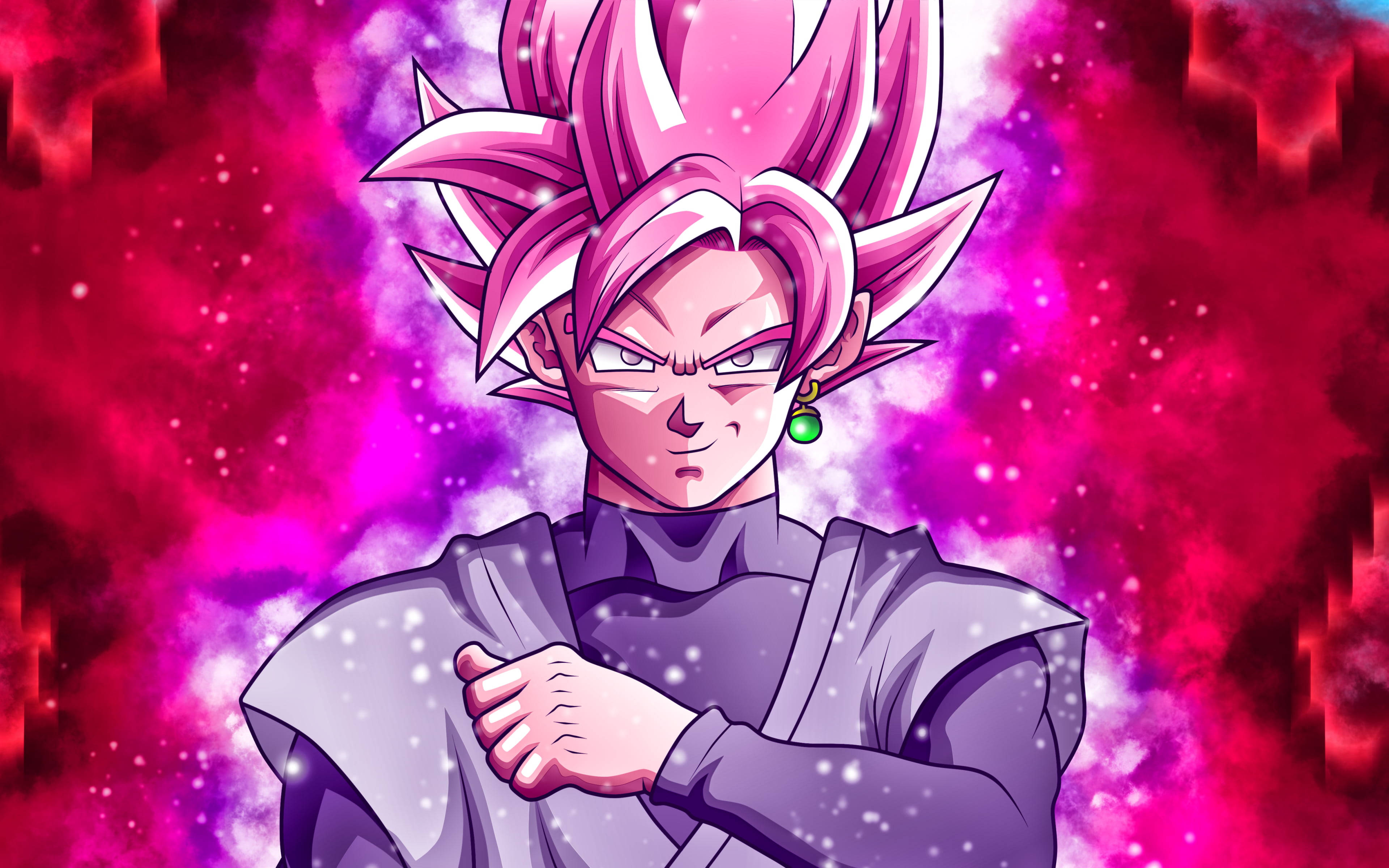 black goku rose 4K 桌布 壁紙 — 一個兇猛的動漫角色，有著尖刺的粉紅色頭髮和綠色耳環，站在旋轉的宇宙粉紅色和紅色星雲前。