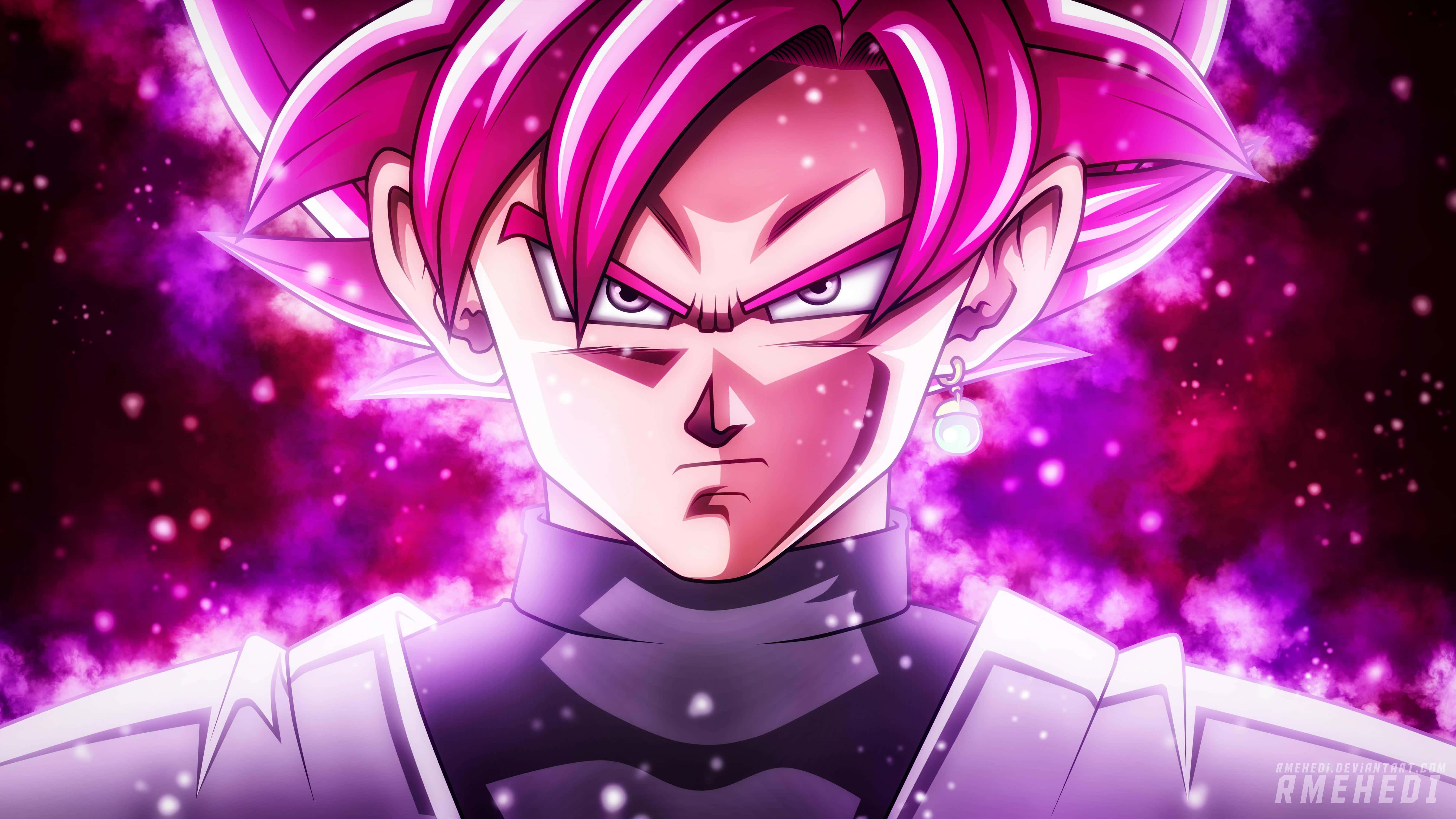 Goku Black 4K 桌布 壁紙 — 一個兇猛的動漫角色，有著尖刺的粉紅色頭髮和發光的光環，在宇宙紫色星雲背景下強烈凝視。