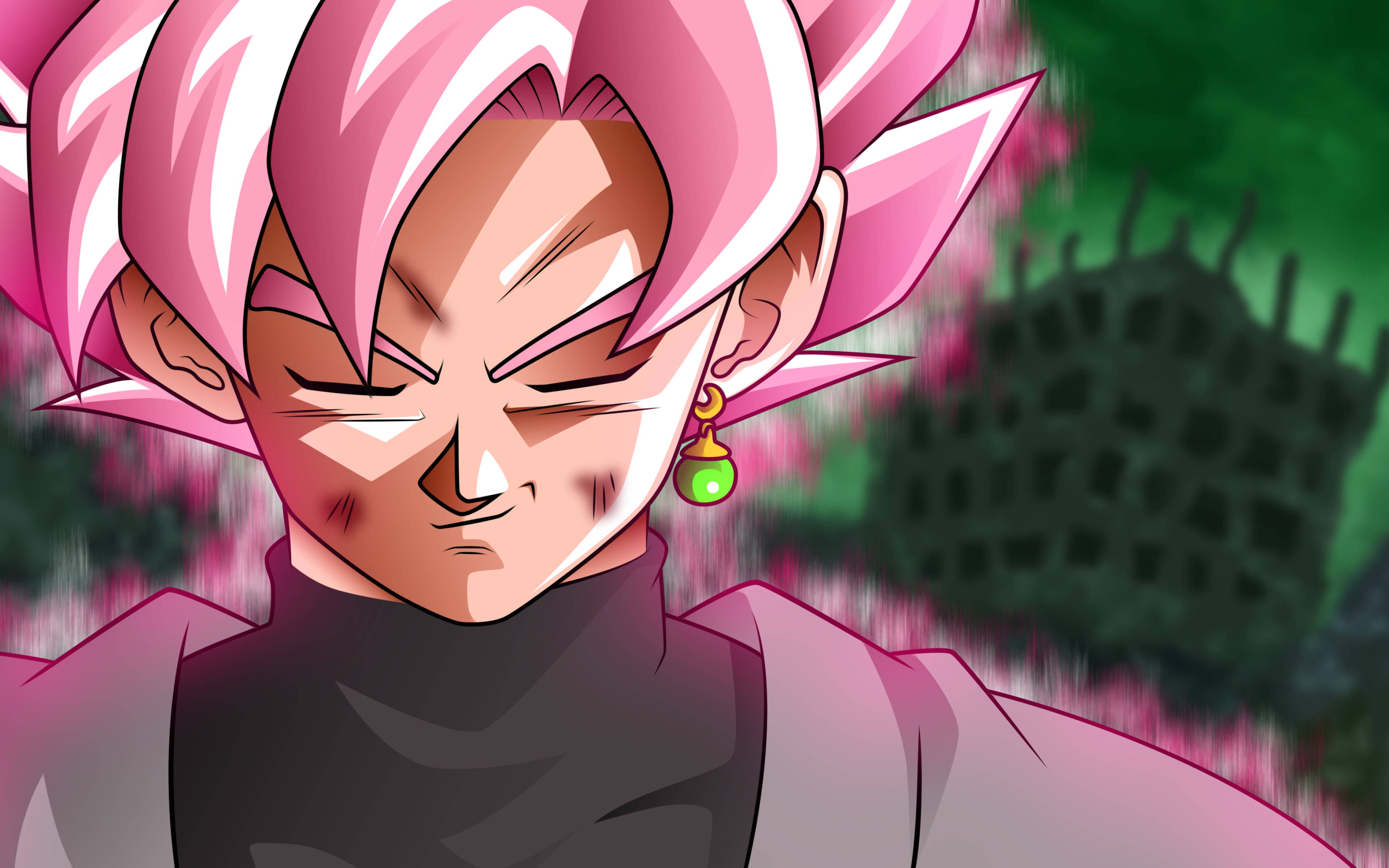 black goku rose 4K 桌布 壁紙 — 一個兇猛的動漫角色，有著尖刺的粉紅色頭髮和綠色耳環，在模糊的綠色和粉紅色背景前怒目而視。