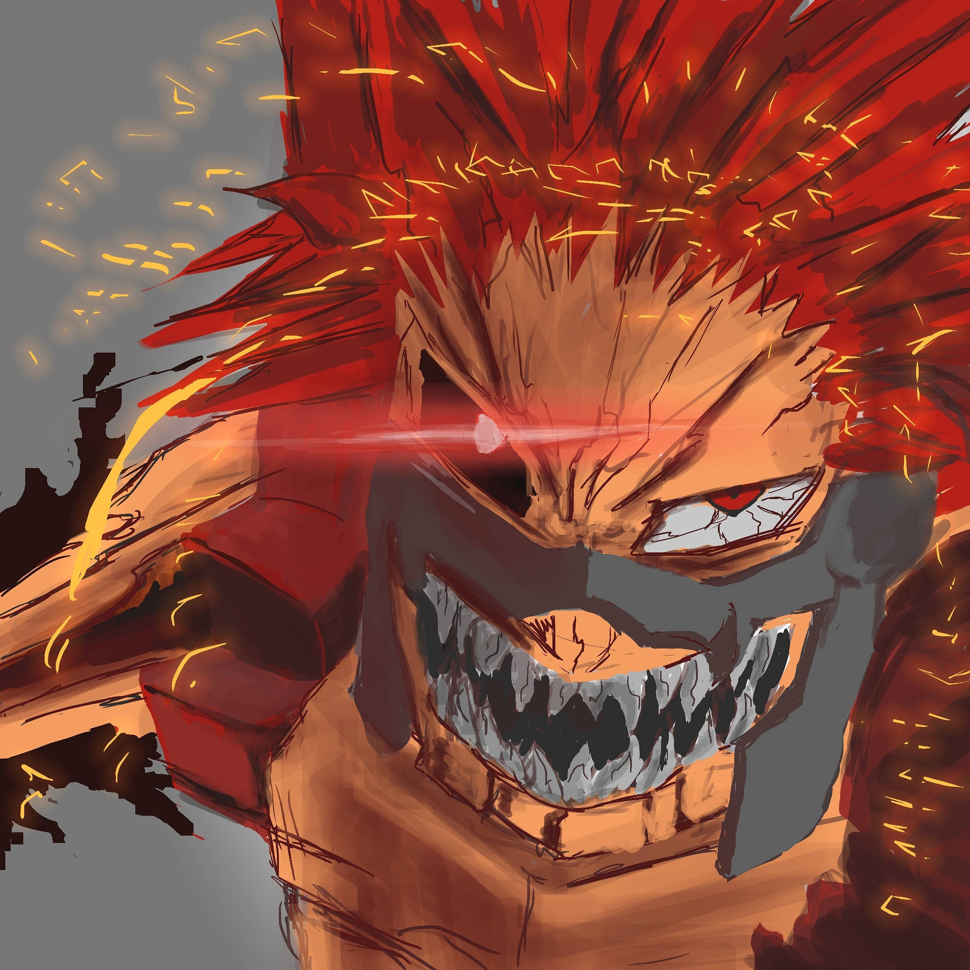 Kirishima 桌布 壁紙 — 一個兇猛的動漫角色，有著尖刺的紅髮和發光的眼睛，咬緊牙關咆哮，周圍火花四濺。