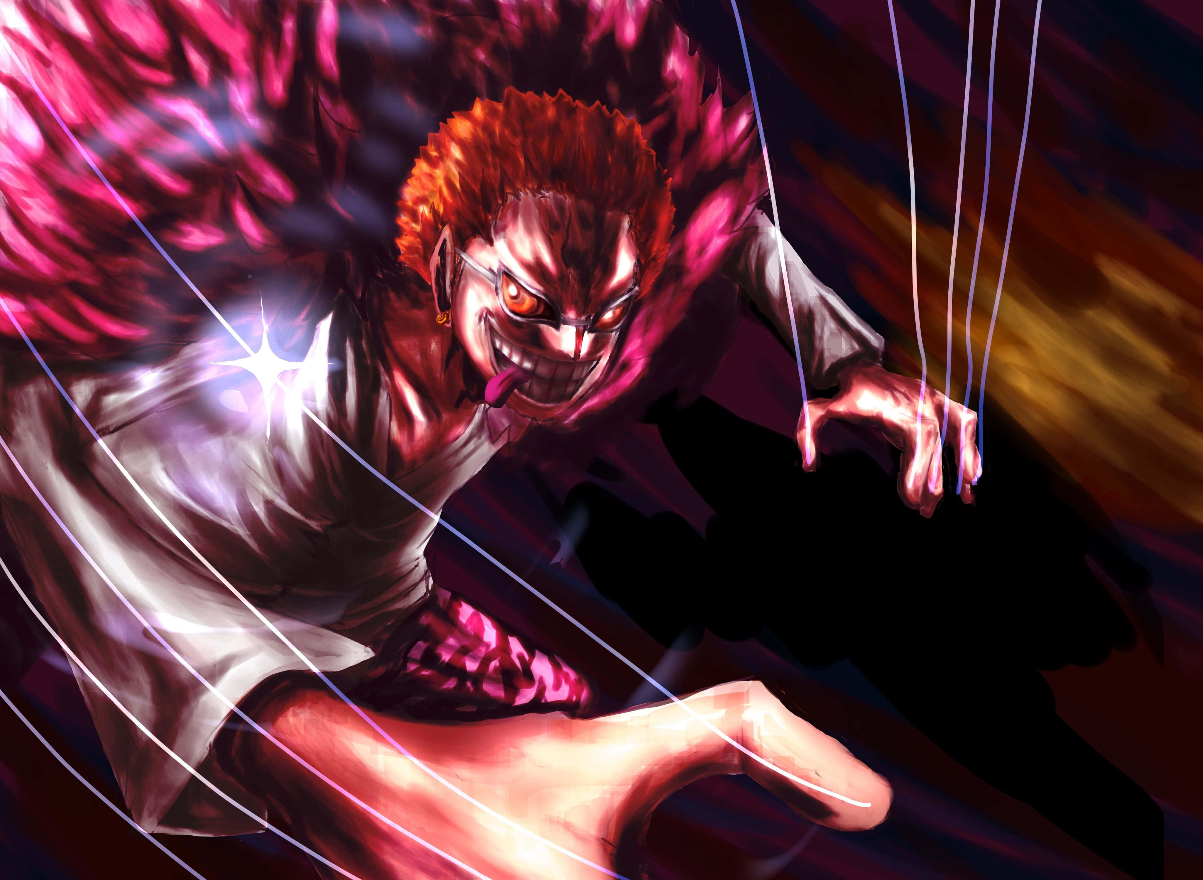 Donquixote Doflamingo 桌布 壁紙 — 一個兇猛的動漫角色，有著尖刺的紅髮和發光的眼睛，向前猛衝，身後拖著發光的粉紅色能量和白色線條。