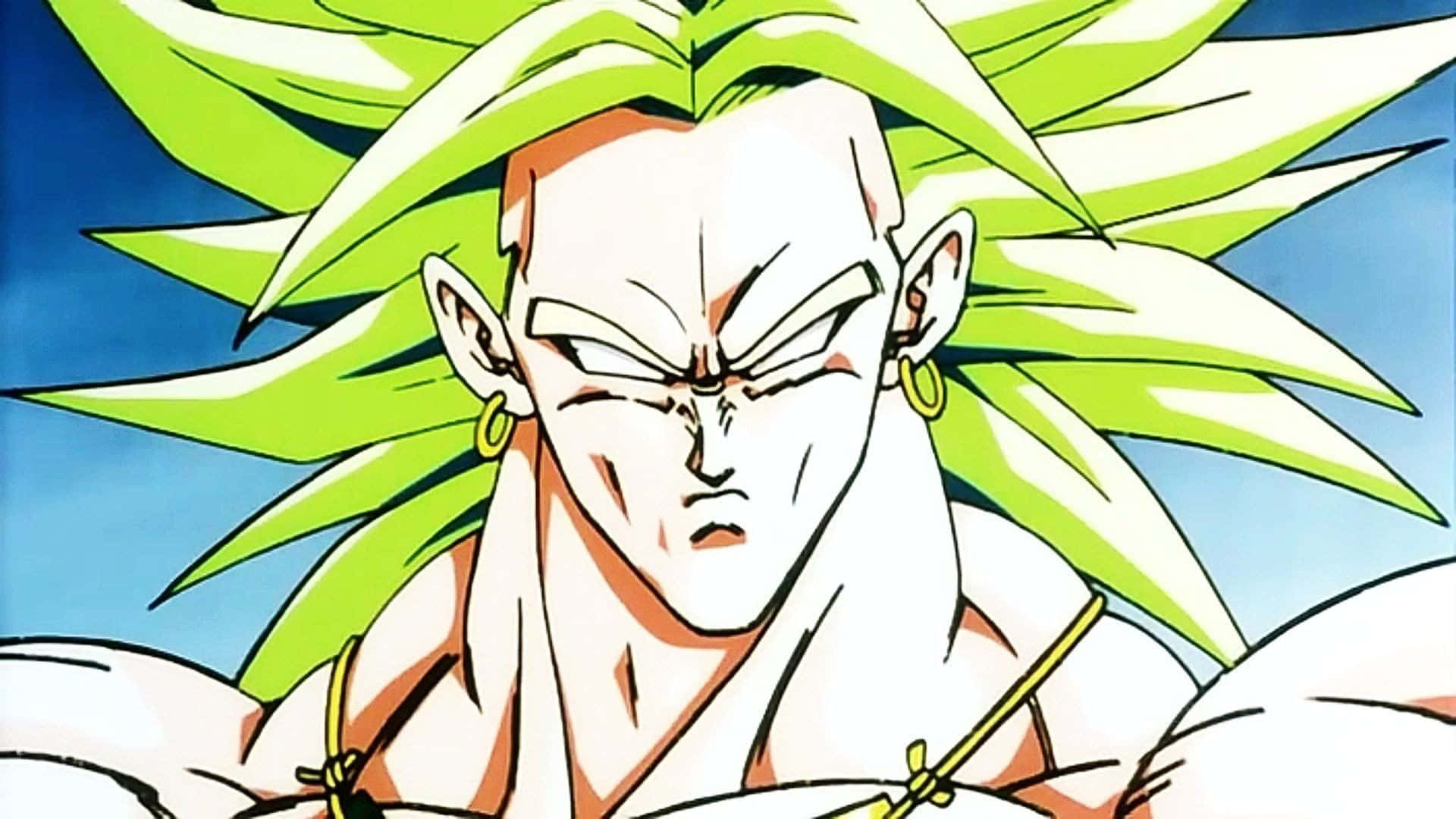 Dragon Ball Z Broly 桌布 壁紙 — 一個兇猛的動漫角色，有著尖刺的綠色頭髮和強烈的眼神，在藍天背景下向前凝視。