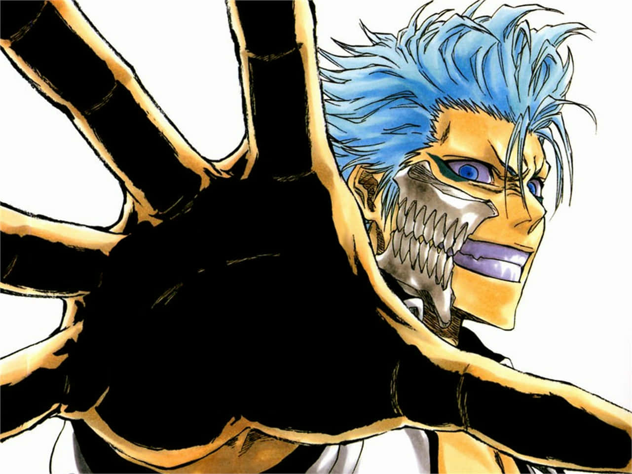 Grimmjow Jaegerjaquez 桌布 壁紙 — 一個兇猛的動漫角色，有著尖刺的藍色頭髮和金屬面具，在純白背景前伸出一隻戴著黑色大手套的手。