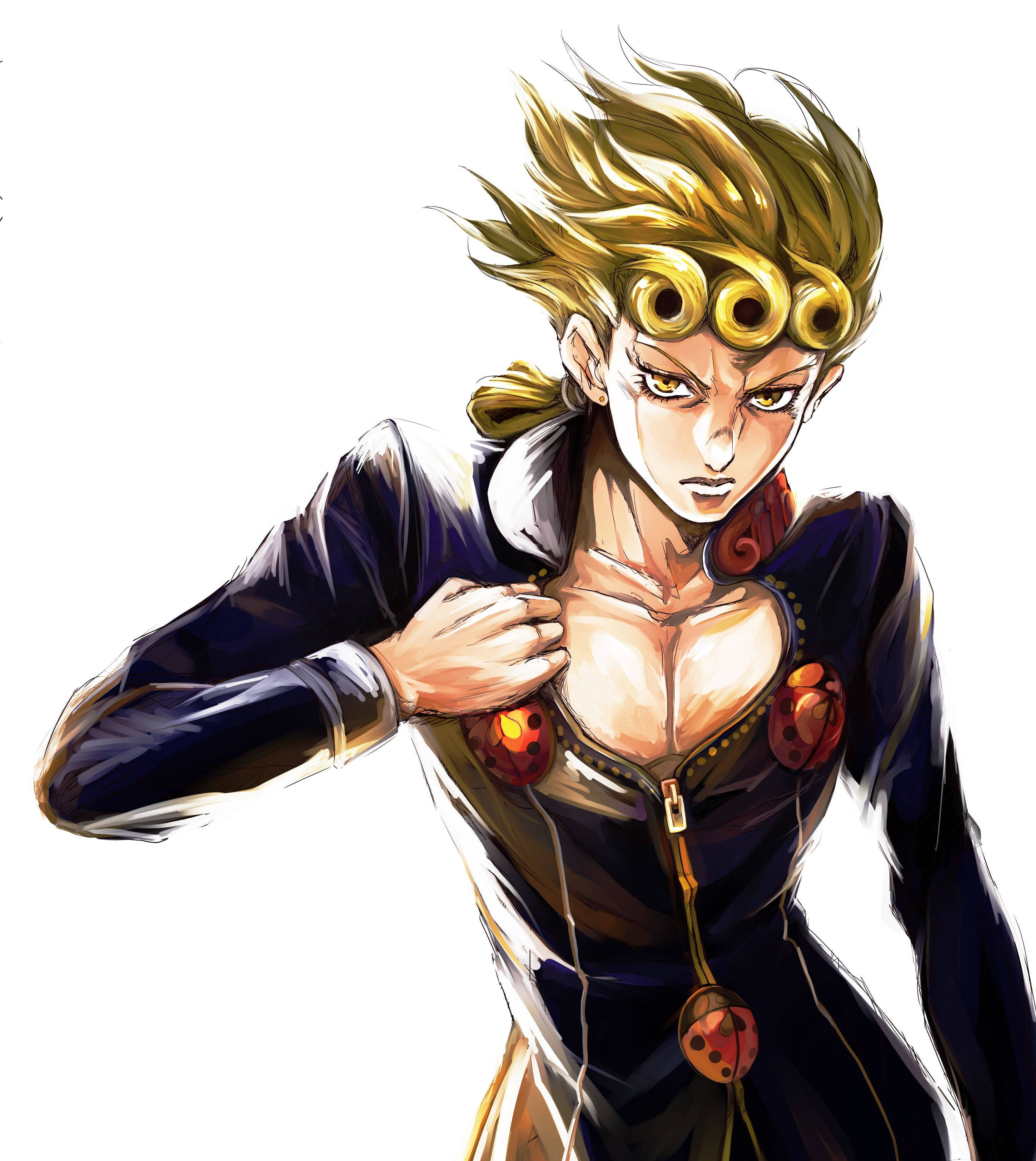 Giorno 桌布 壁紙 — 一個兇猛的動漫角色，有著尖刺的金色頭髮和金色眼睛，身穿深藍色服裝，飾有紅色瓢蟲鈕扣，抓著胸口。