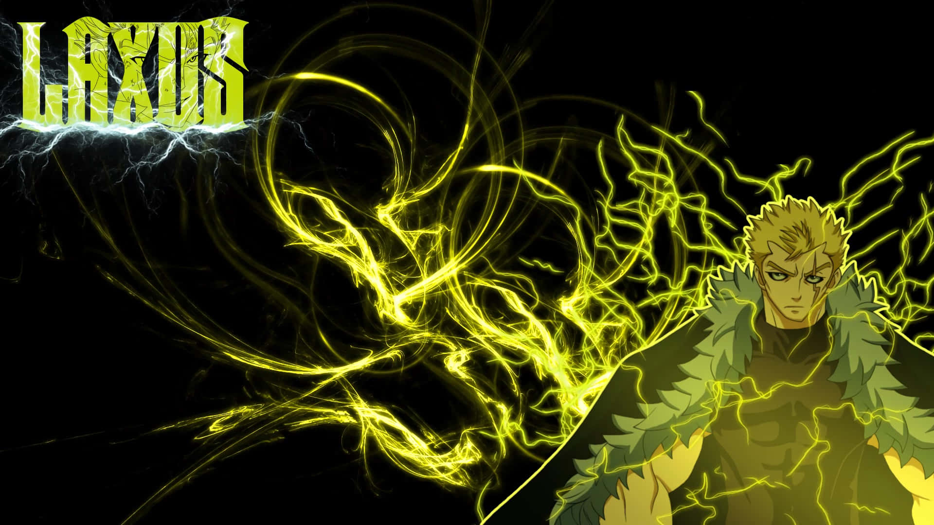 被劈啪作響的黃色閃電能量包圍的動漫戰士，帶有'LAXUS'文字。 — Fire Emblem Warriors 壁紙