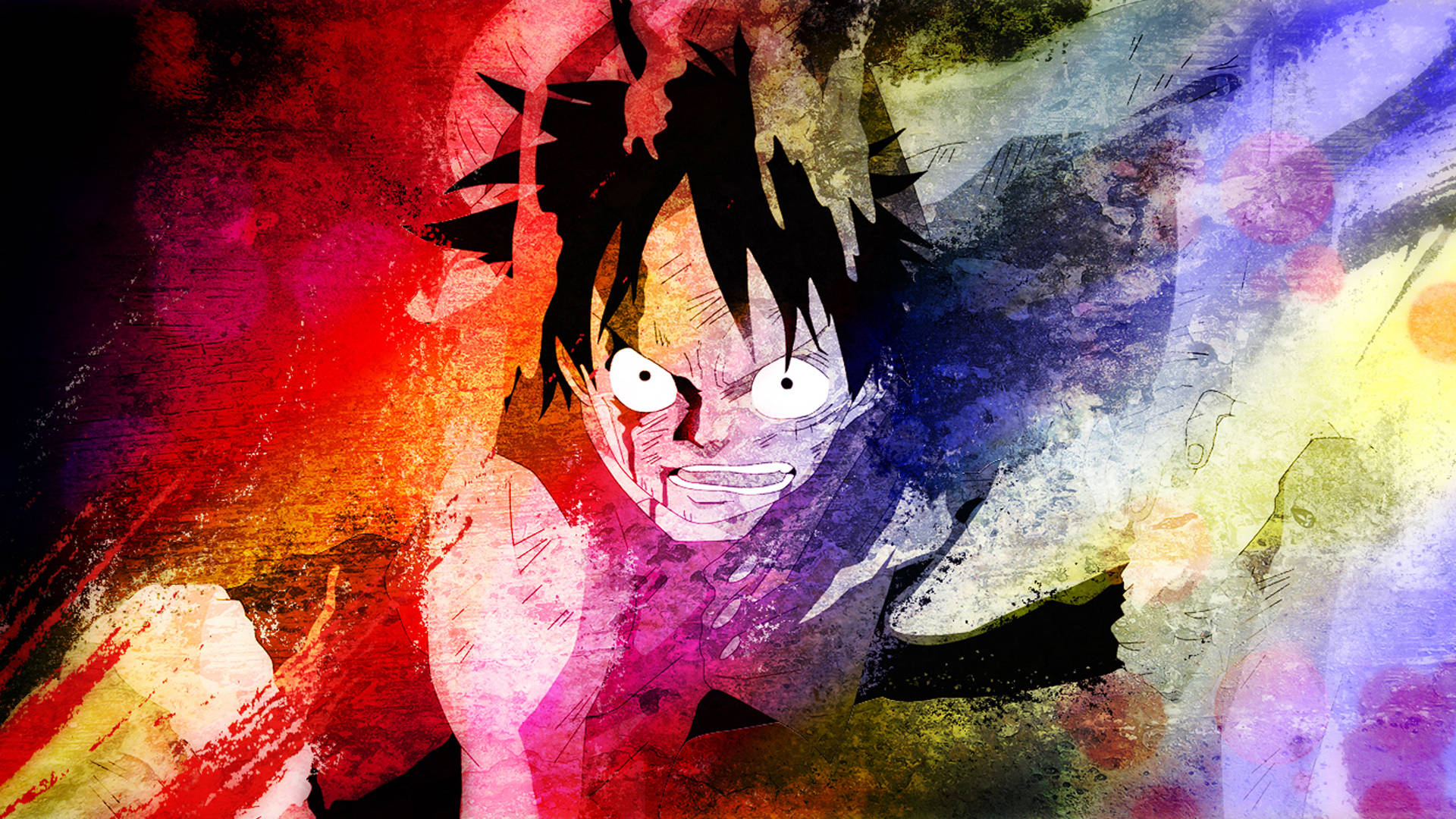 Luffy 桌布 壁紙 — 一個兇猛的動漫角色，有著尖刺的黑色頭髮和大眼睛，從充滿活力的抽象水彩背景（紅色、紫色和黃色）中浮現。