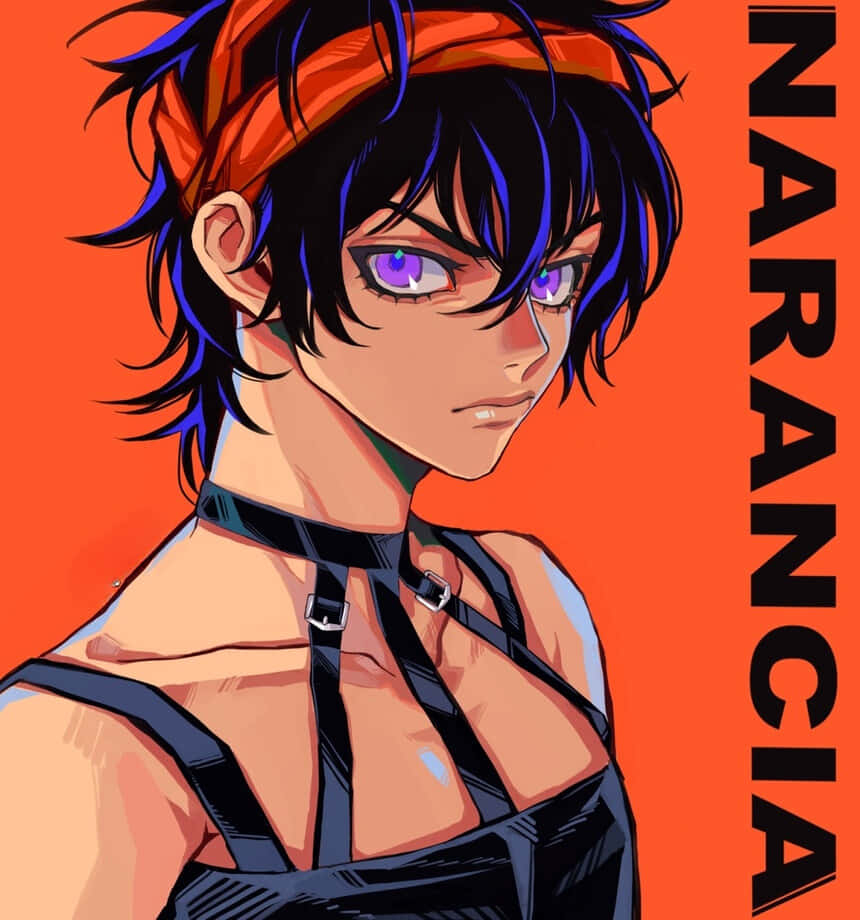 Narancia Ghirga 桌布 壁紙 — 一個兇猛的動漫角色，有著尖刺的黑色和藍色頭髮、紫色眼睛和橙色頭帶，在充滿活力的橙色背景前強烈凝視。