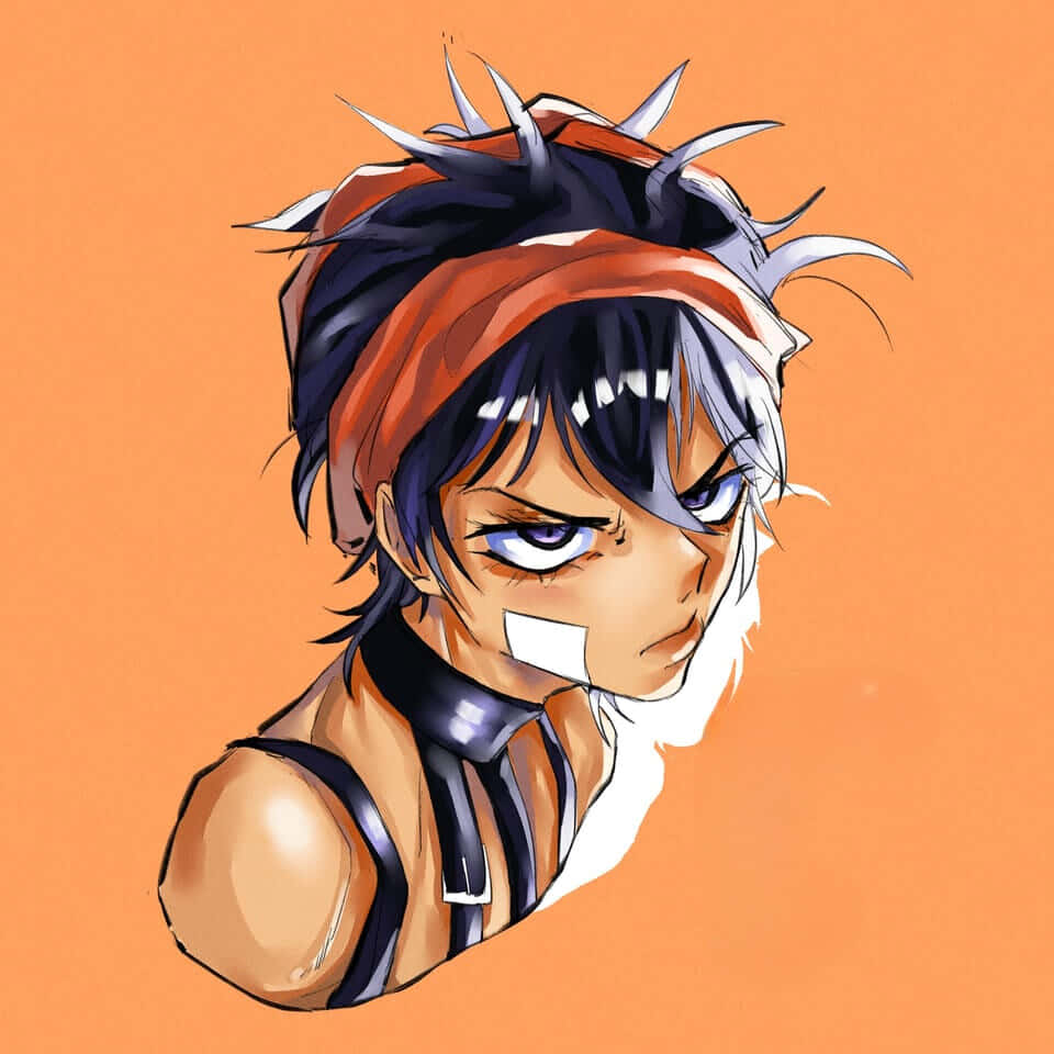 Narancia Ghirga 桌布 壁紙 — 一個兇猛的動漫角色，有著尖刺的黑白頭髮、橙色頭帶和封住的嘴巴，在純橙色背景前強烈地凝視。