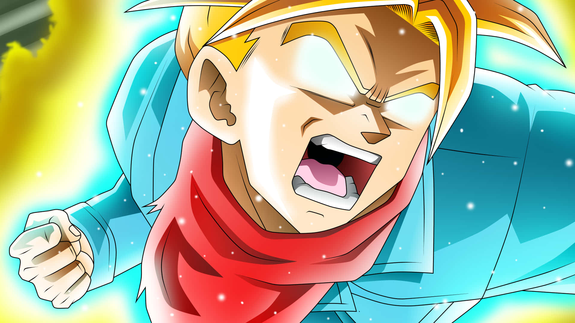 Dragon Ball Z Trunks 桌布 壁紙 — 一個兇猛的動漫角色，有著尖刺金髮，在戰鬥中咆哮，發光的能量在他周圍輻射。