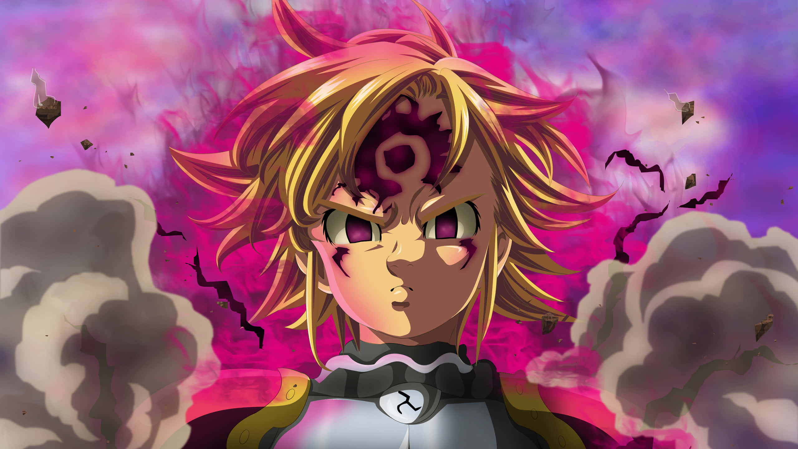 Seven Deadly Sins 4K 桌布 壁紙 — 一個兇猛的動漫角色，有著尖刺金髮和發光的眼睛，站在旋轉的粉紅色和紫色雲層及漂浮的碎片之中。