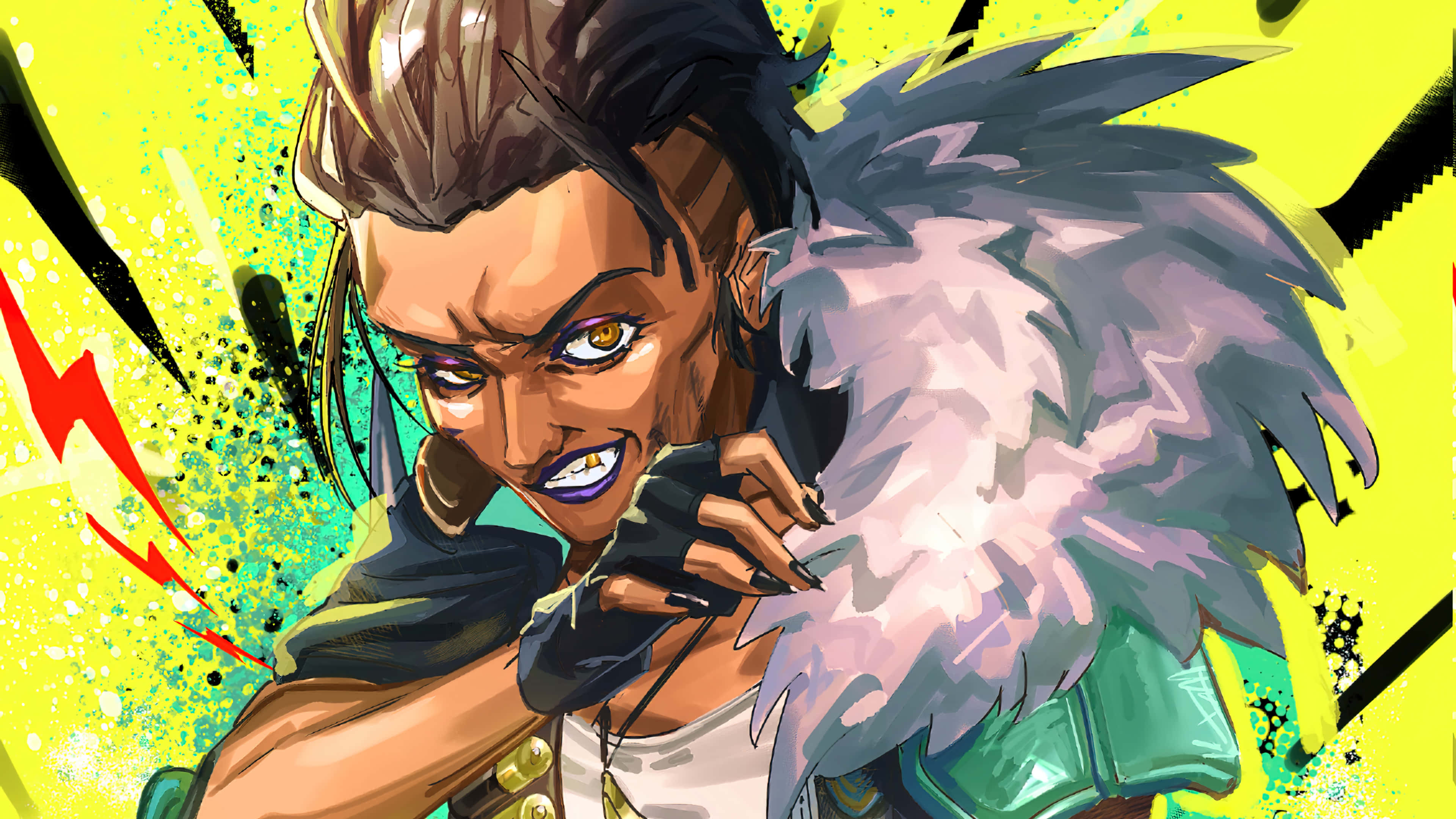 Apex Legends Characters 桌布 壁紙 — 一個兇猛的動漫角色，有著尖刺頭髮和發光的眼睛，在充滿活力的黃色和綠色爆炸背景中緊握武器。