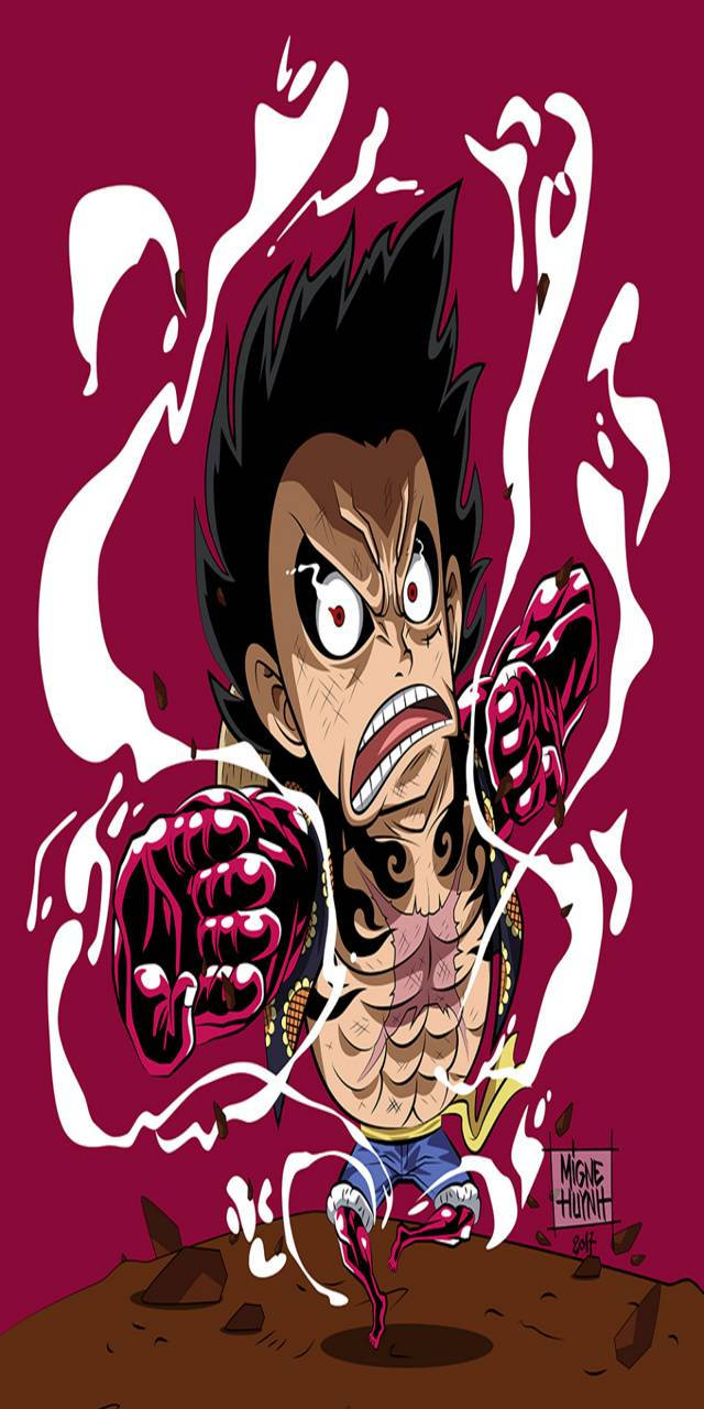 luffy gear 4 桌布 壁紙 — 一個兇猛的動漫角色，有著尖刺頭髮和發光的眼睛，在深紅色背景上向前出拳，伴隨著白色能量爆發。