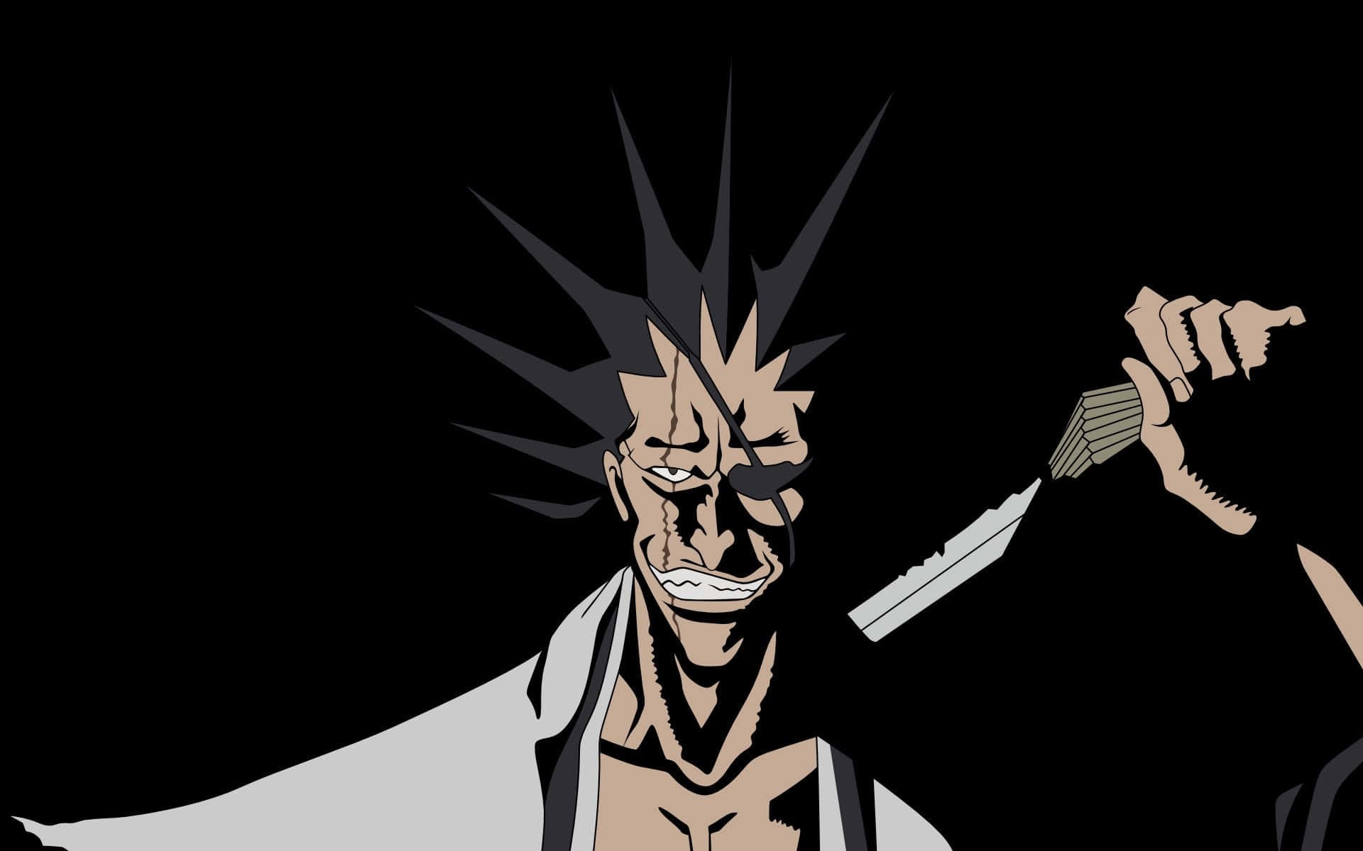 Kenpachi Zaraki 桌布 壁紙 — 一個兇猛的動漫角色，有著尖刺頭髮和眼罩，在黑色背景前揮舞著劍。