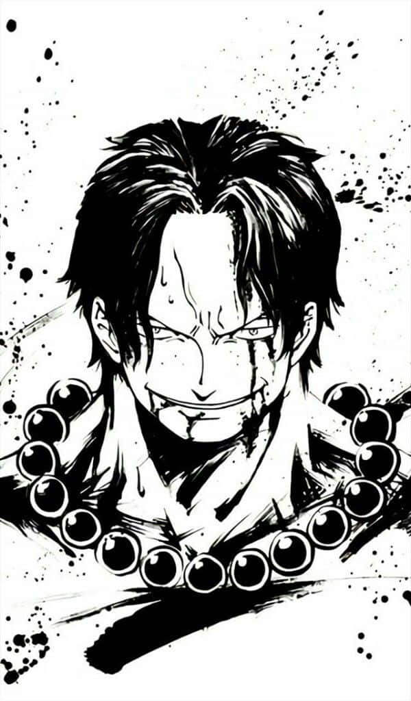 One Piece Ace's Death 桌布 壁紙 — 一個兇猛的動漫角色，有著狂野的頭髮和珠珠項鍊，在濺灑的黑白背景前強烈地凝視著。