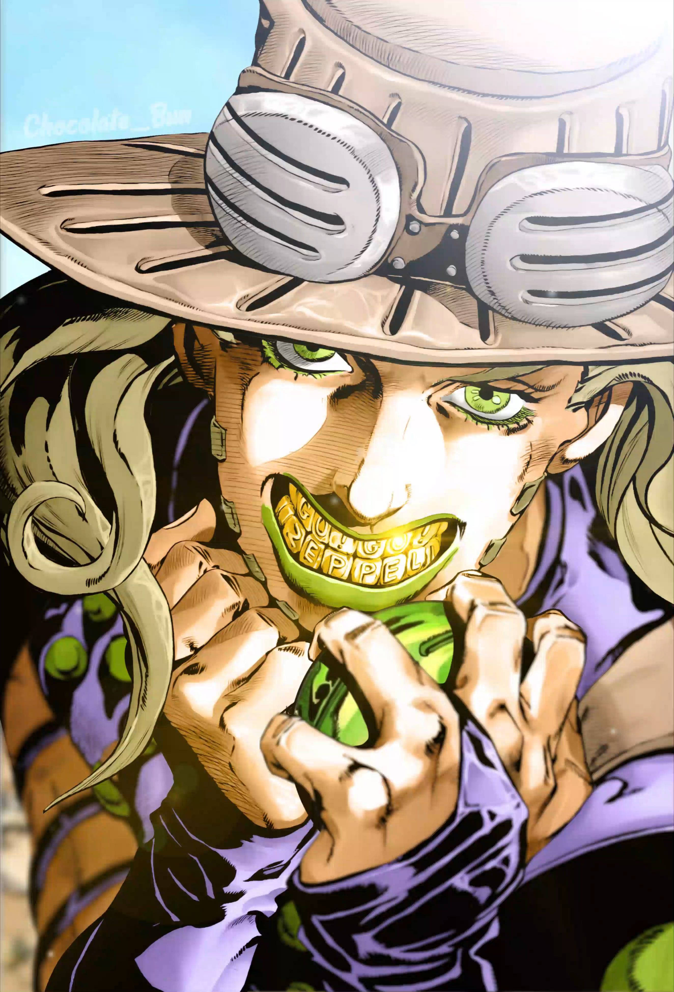 Gyro Zeppeli 桌布 壁紙 — 一個兇猛的動漫角色，有著綠色眼睛和大大笑容，咬著一個青椒，同時戴著一頂有護目鏡的帽子。