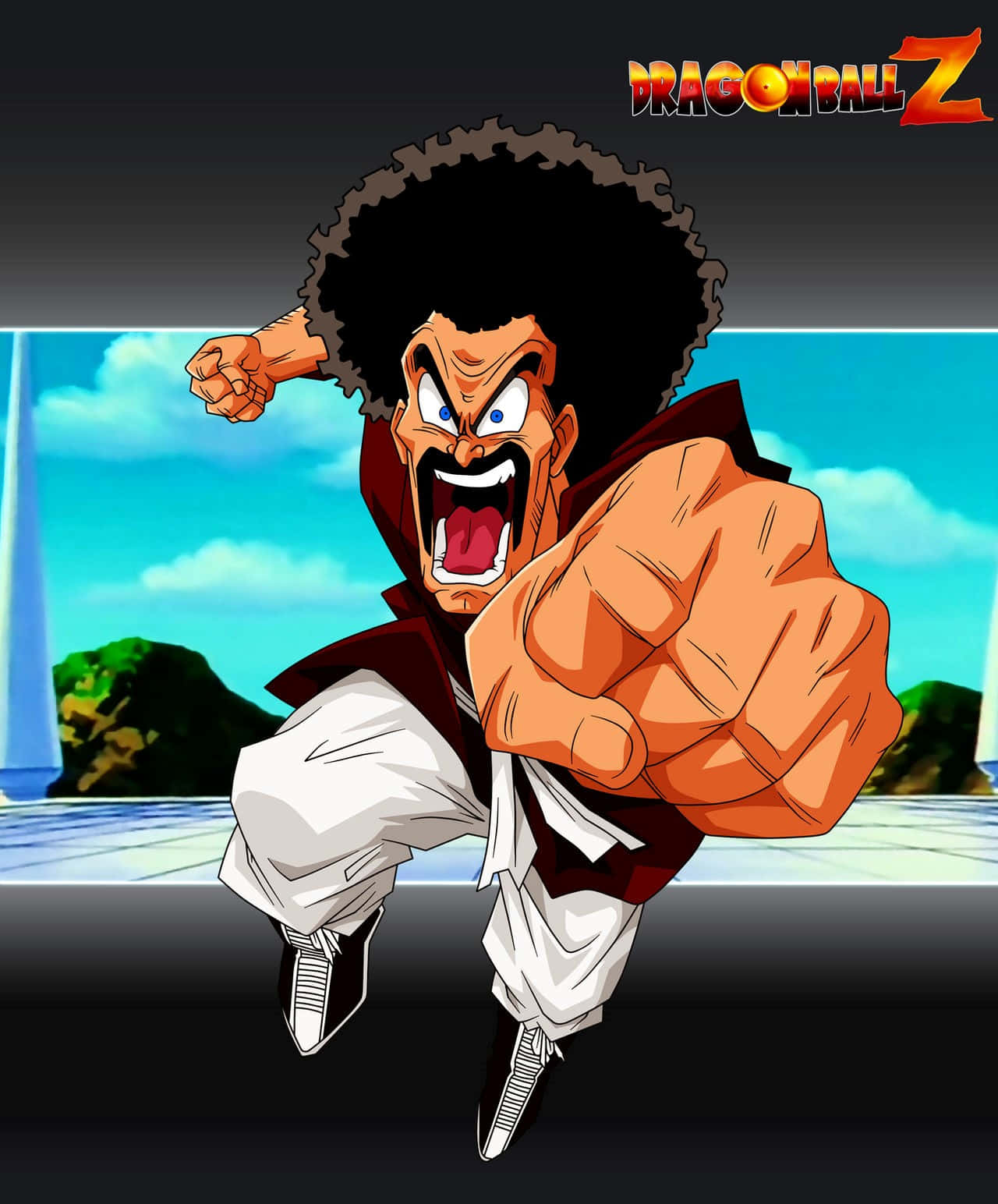 Hercule Satan 桌布 壁紙 — 一個兇猛的動漫角色，留著非洲式髮型，披著紅色斗篷，在明亮的藍天背景下以戰鬥姿態向前衝刺。