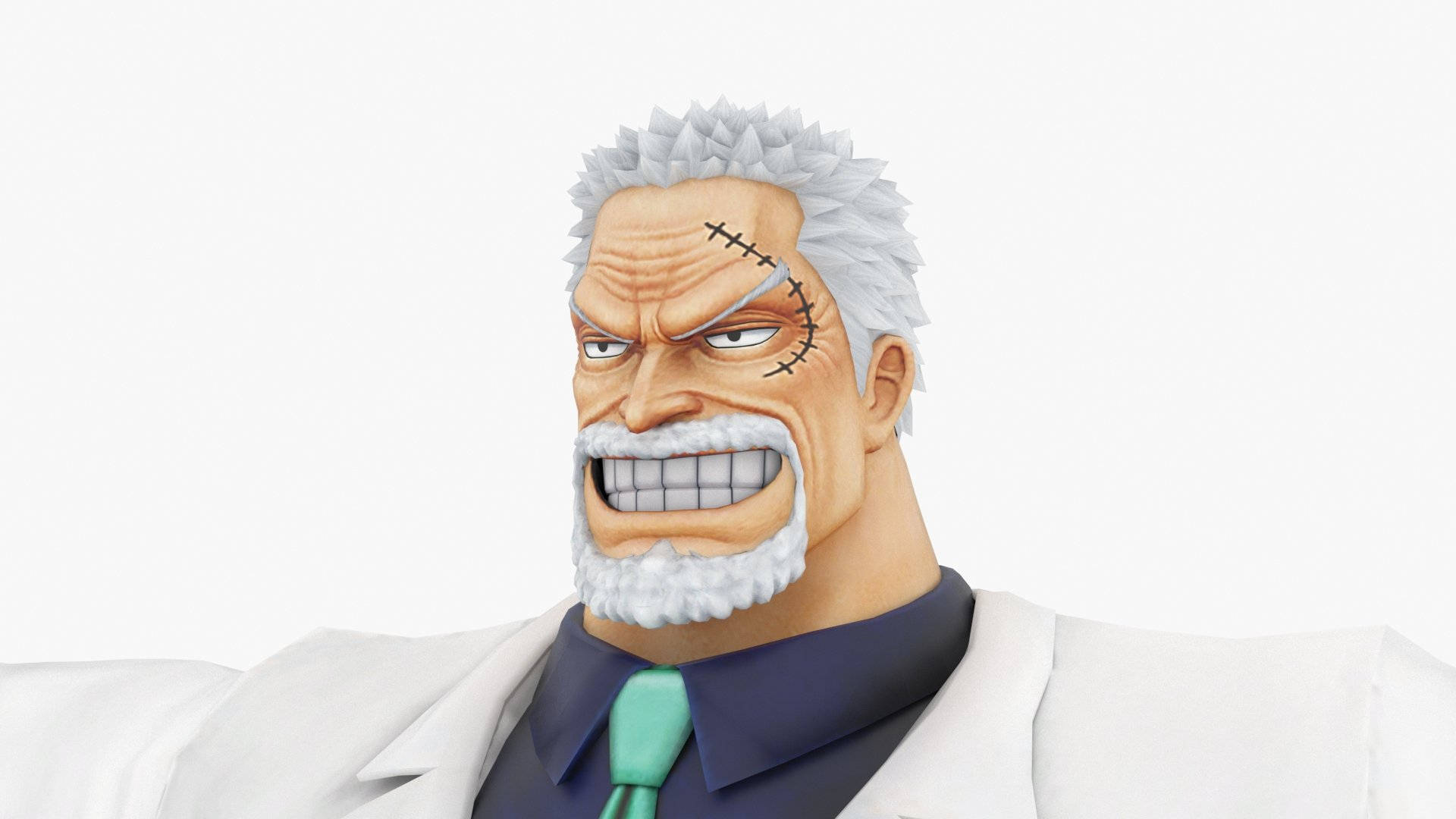 Garp 桌布 壁紙 — 一個兇猛的動漫角色，白色尖刺頭髮和縫合眉毛，身穿白色外套內搭深色襯衫和青綠色領帶。