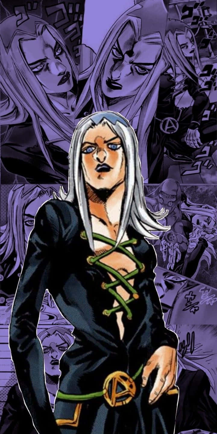 Leone Abbacchio 桌布 壁紙 — 一個兇猛的動漫角色，白色頭髮和綠色綁帶，站在紫色漫畫面板背景的中央。