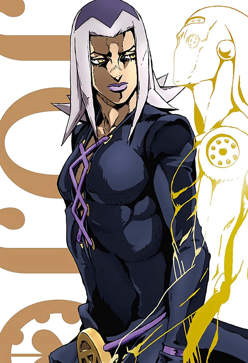 Leone Abbacchio 桌布 壁紙 — 一個兇猛的動漫角色，白髮帶紫色點綴，自信地站在一個發光的金色人形身影旁。