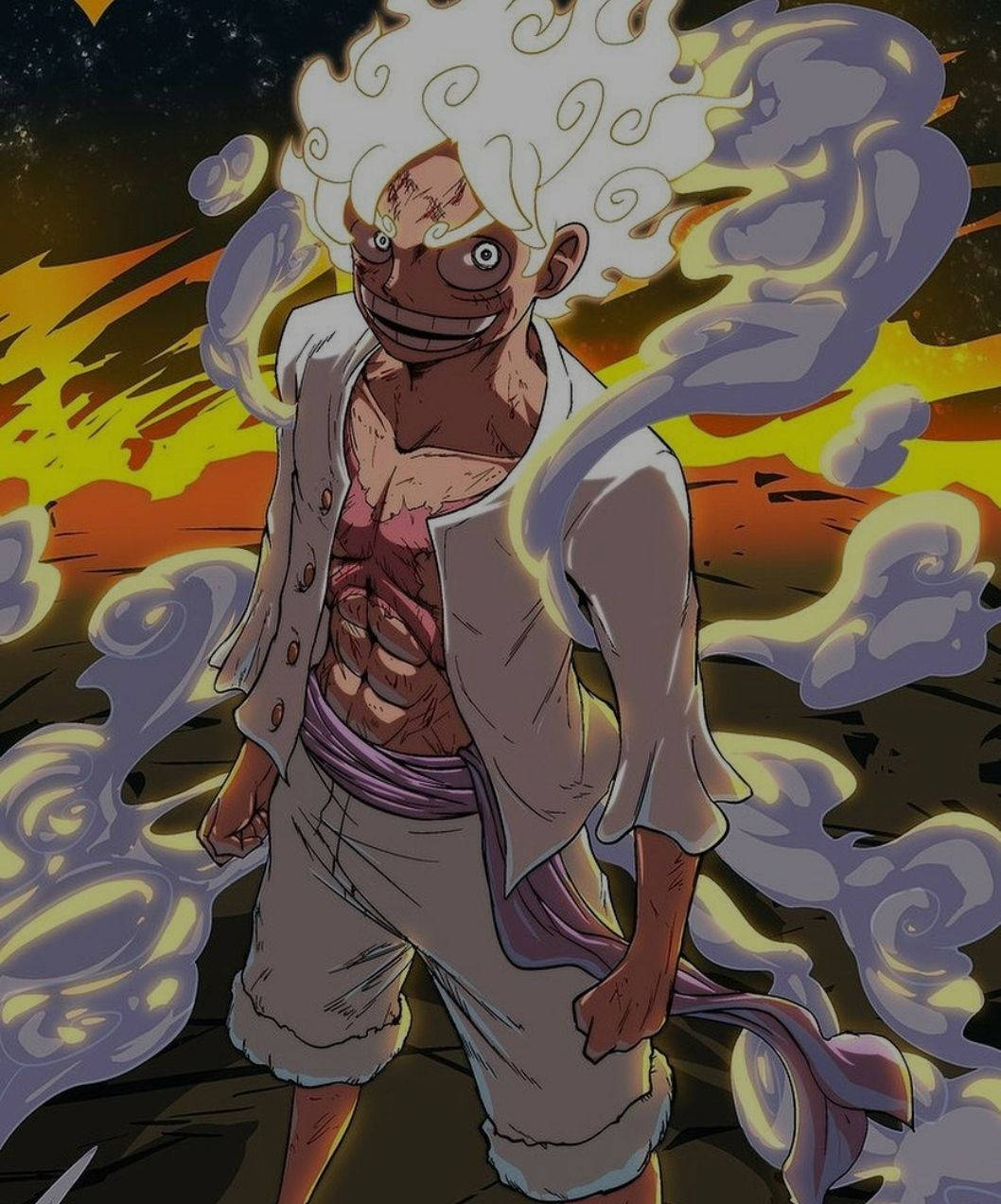 Luffy 桌布 壁紙 — 一個兇猛的動漫角色，白髮閃爍的眼睛，站在星夜背景下，周圍環繞著旋轉的紫色和黃色能量。