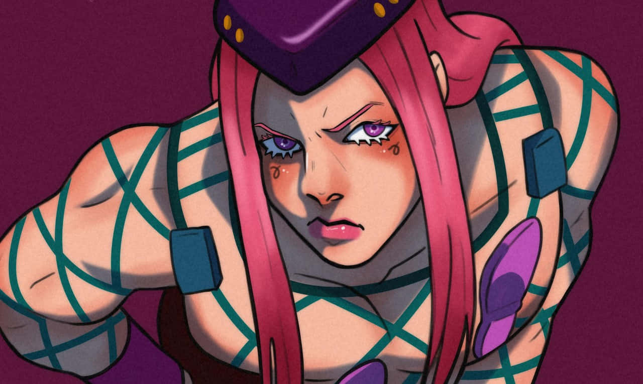 Narciso Anasui 桌布 壁紙 — 一個兇猛的動漫角色，粉紅色頭髮和紫色眼睛，在深紫色背景前被青綠色帶子綁住，強烈地凝視。