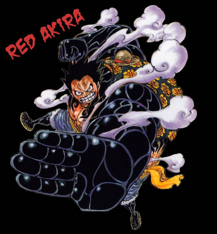 luffy gear 4 桌布 壁紙 — 一個兇猛的動漫角色，紅臉黑甲，在黑色背景前被旋轉的煙霧包圍，向前揮拳。