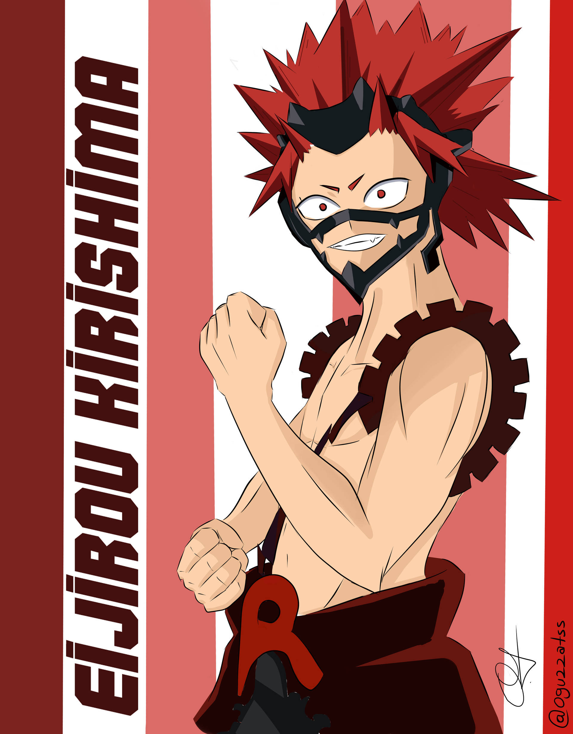 Kirishima 桌布 壁紙 — 一個兇猛的動漫角色，紅色尖刺頭髮和黑色面具，在醒目的紅白條紋背景上展示肌肉。