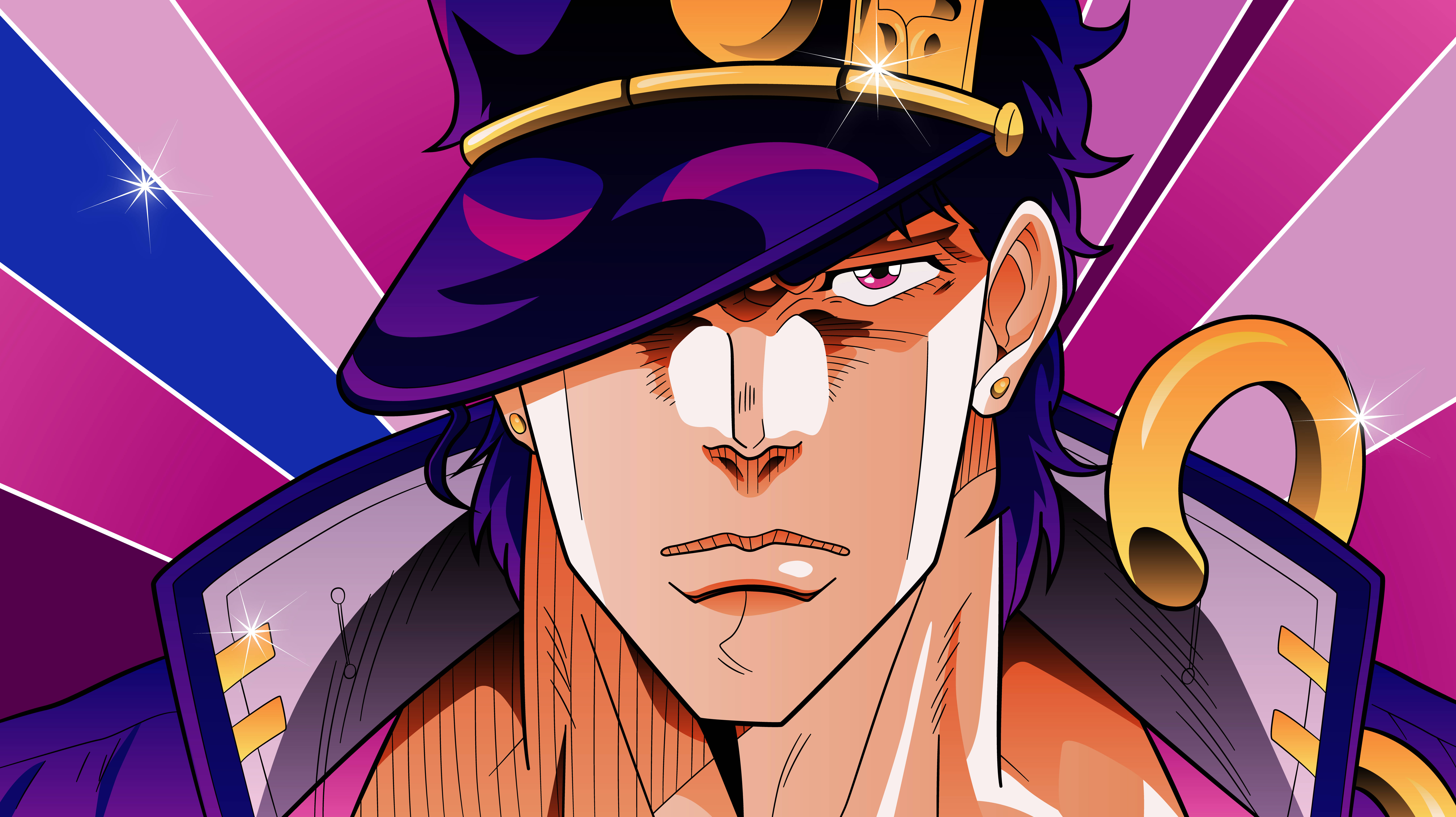 jojo 4K 桌布 壁紙 — 一個兇猛的動漫角色，紫色頭髮，戴著帽子，在充滿活力的粉紅色和藍色條紋背景前凝視著。