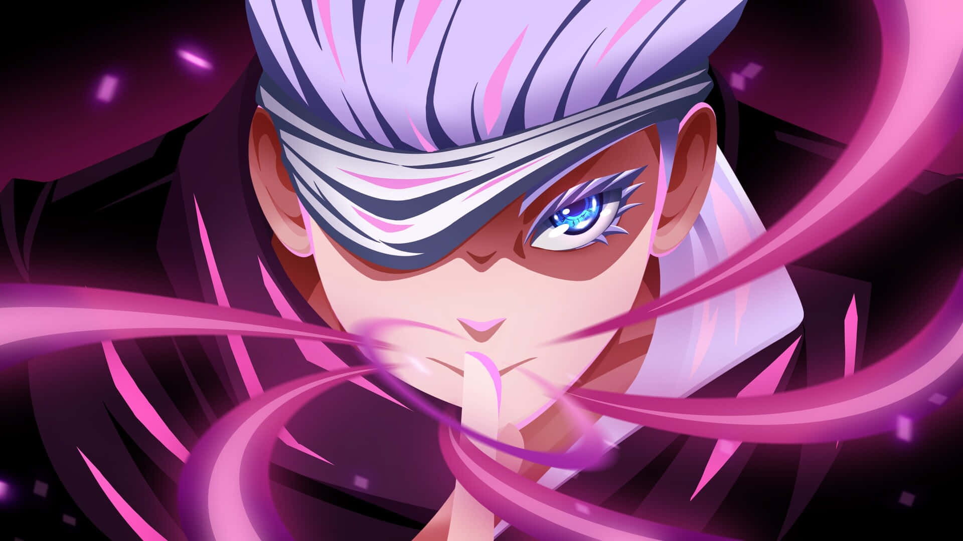 Purple Anime 桌布 壁紙 — 一個兇猛的動漫角色，紫色頭髮和眼罩，在粉紅色能量旋轉的情況下，強烈地凝視。