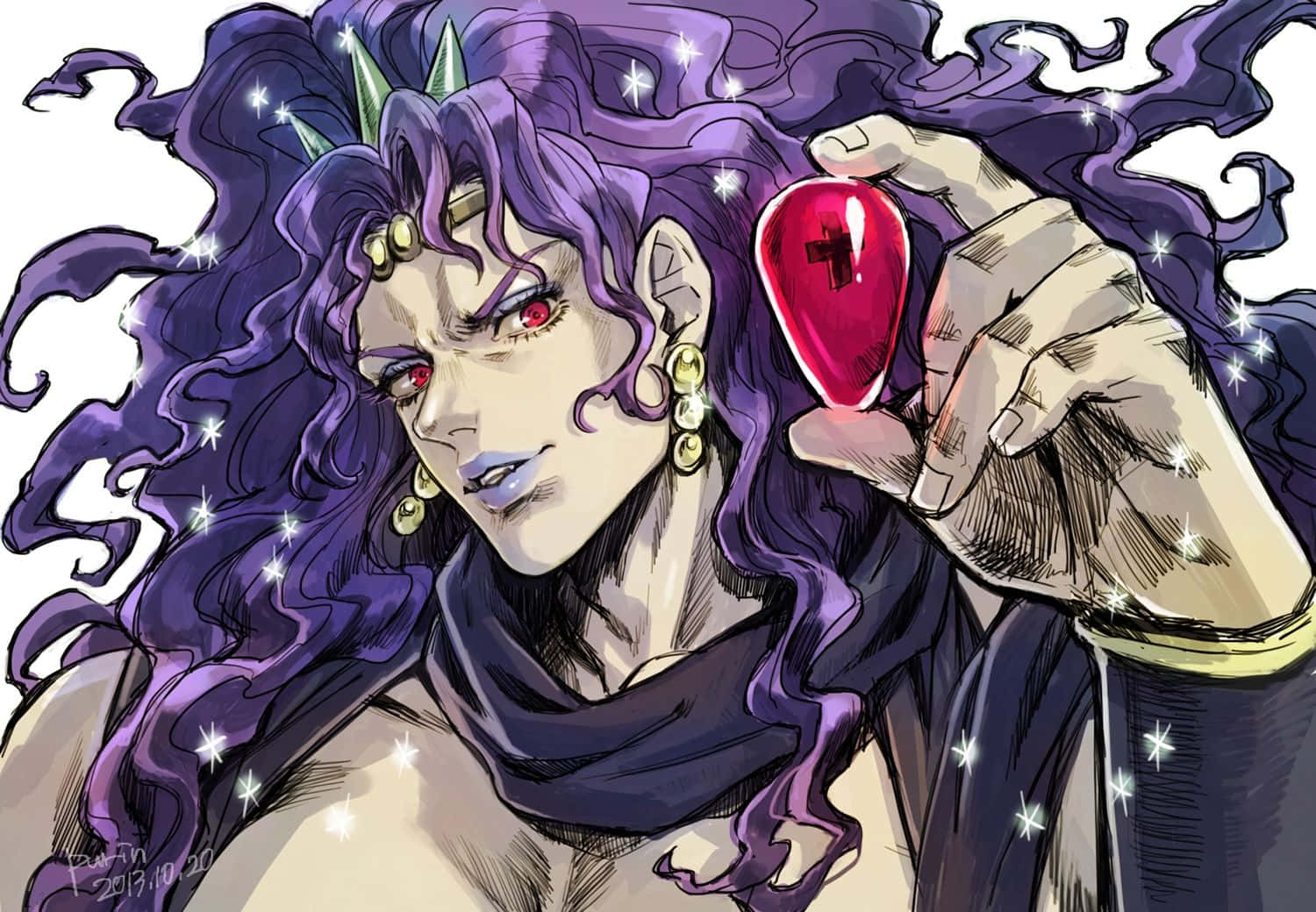 Jojo's Bizarre Adventure Kars 桌布 壁紙 — 一個兇猛的動漫角色，紫色頭髮和紅色眼睛，拿著一個發光的紅色心形物體，周圍有閃爍的星星。