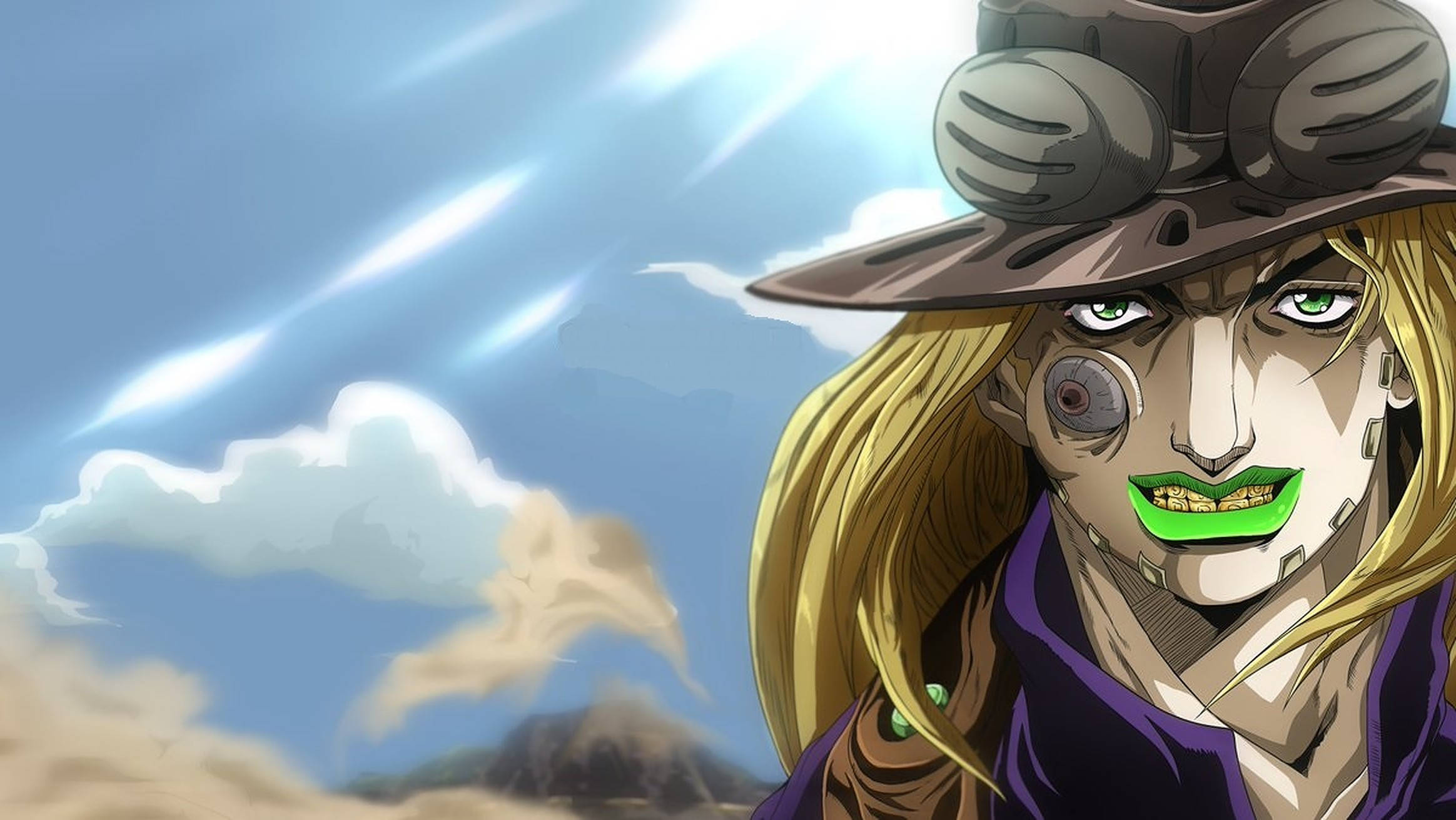Gyro Zeppeli 桌布 壁紙 — 一個兇猛的動漫角色，綠色嘴唇和機械眼睛，在有雲的明亮藍天下強烈凝視。