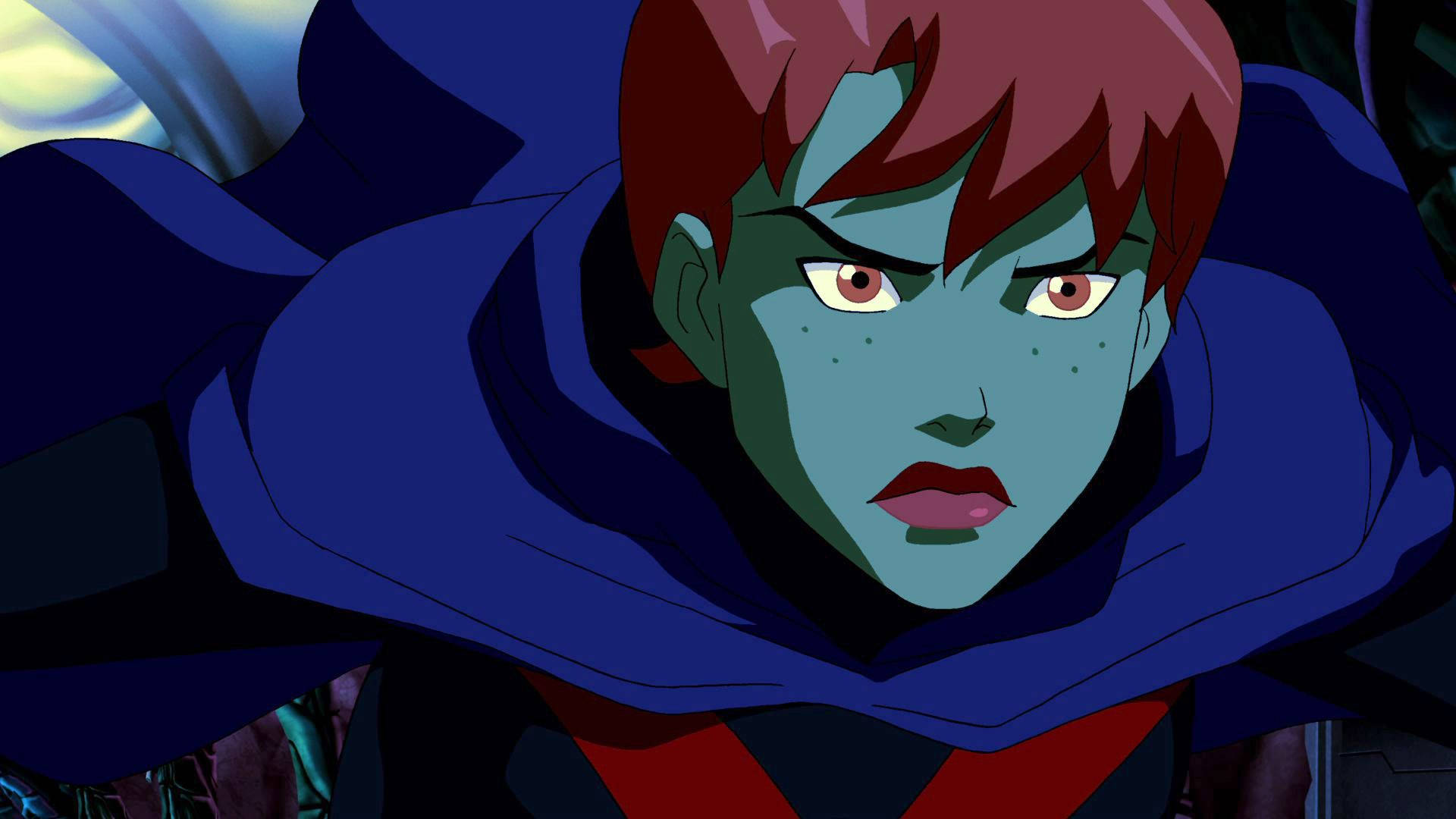 Young Justice 桌布 壁紙 — 一個兇猛的動漫角色，綠色皮膚、紅色頭髮和發光的眼睛，在深藍色斗篷下強烈凝視。