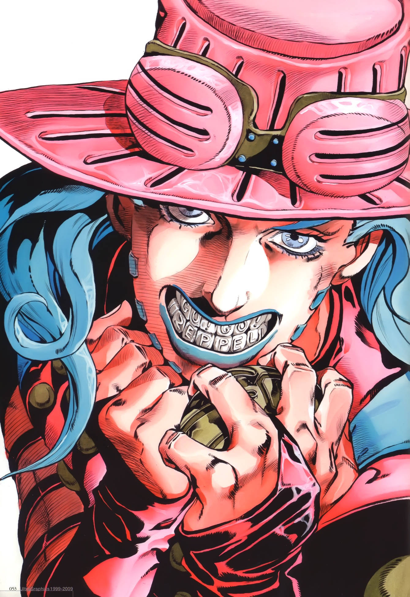 Gyro Zeppeli 桌布 壁紙 — 一個兇猛的動漫角色，藍色頭髮，戴著粉紅色帽子，用激烈的表情抓著一個綠色物體。