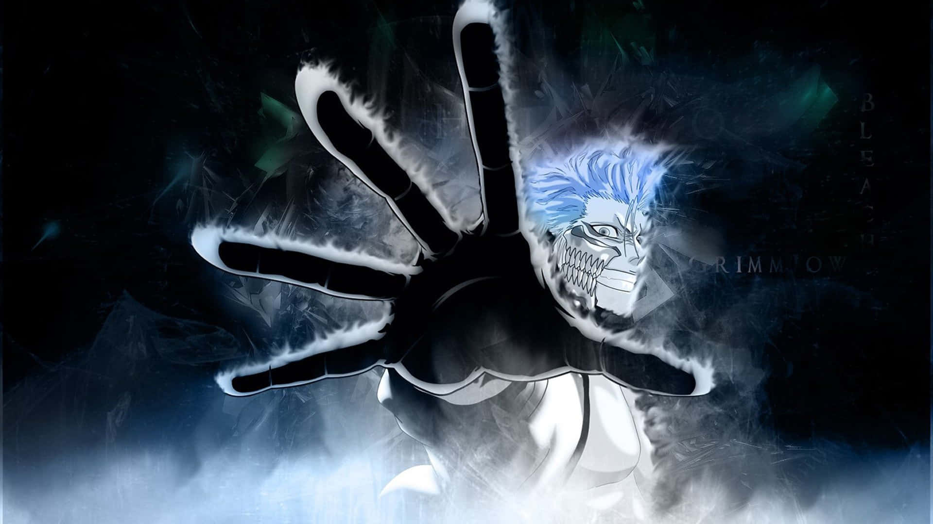 Grimmjow Jaegerjaquez 桌布 壁紙 — 一個兇猛的動漫角色，藍色頭髮，戴著骷髏面具，在黑暗煙霧背景中伸出一隻發光的手。