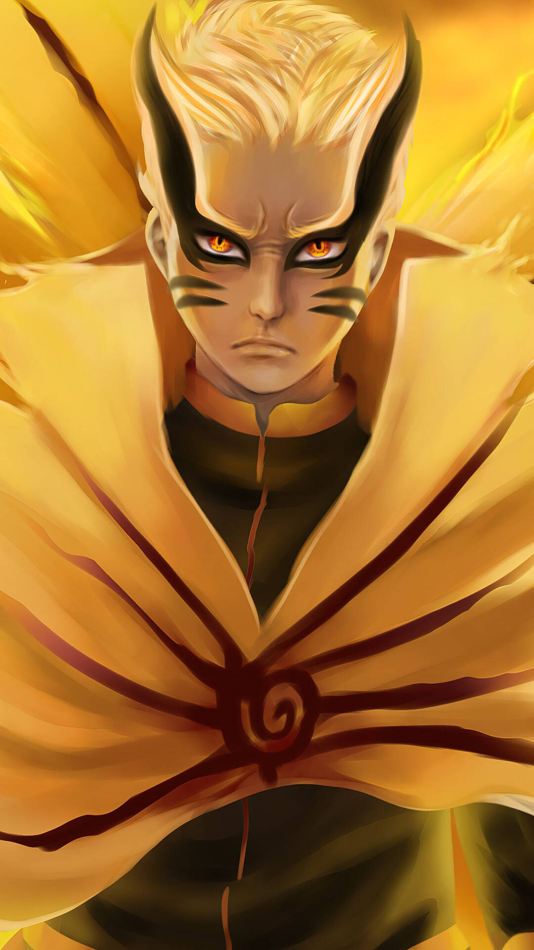 Naruto Nine Tails 桌布 壁紙 — 一個兇猛的動漫角色，金髮橙眼，身穿帶有黑色標記的飄逸黃色斗篷，背景是耀眼的金色。