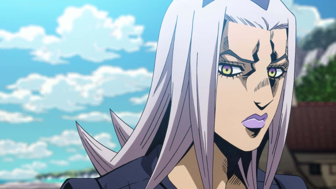 Leone Abbacchio 桌布 壁紙 — 一個兇猛的動漫角色，銀色頭髮和紫色嘴唇，在明亮的藍天和蓬鬆的雲朵背景下強烈凝視。