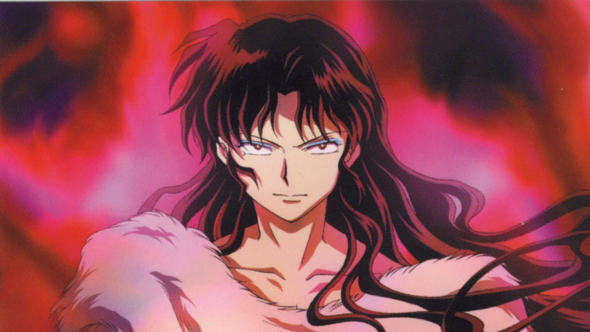 Naraku 桌布 壁紙 — 一個兇猛的動漫角色，長長的黑髮和銳利的眼睛，站在旋轉的紅色和粉紅色背景前。