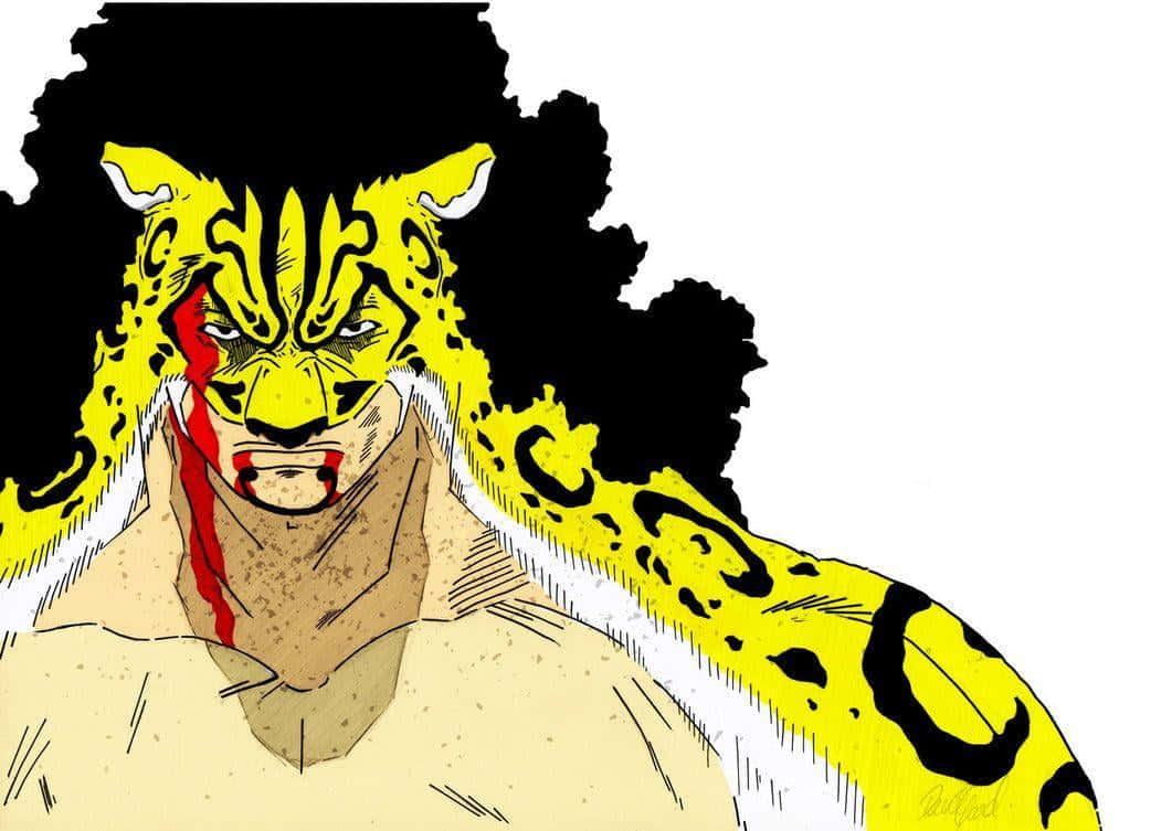 Rob Lucci 桌布 壁紙 — 一個兇猛的動漫角色，黃色豹紋頭和黑色非洲式髮型，血從他的臉上滴下。