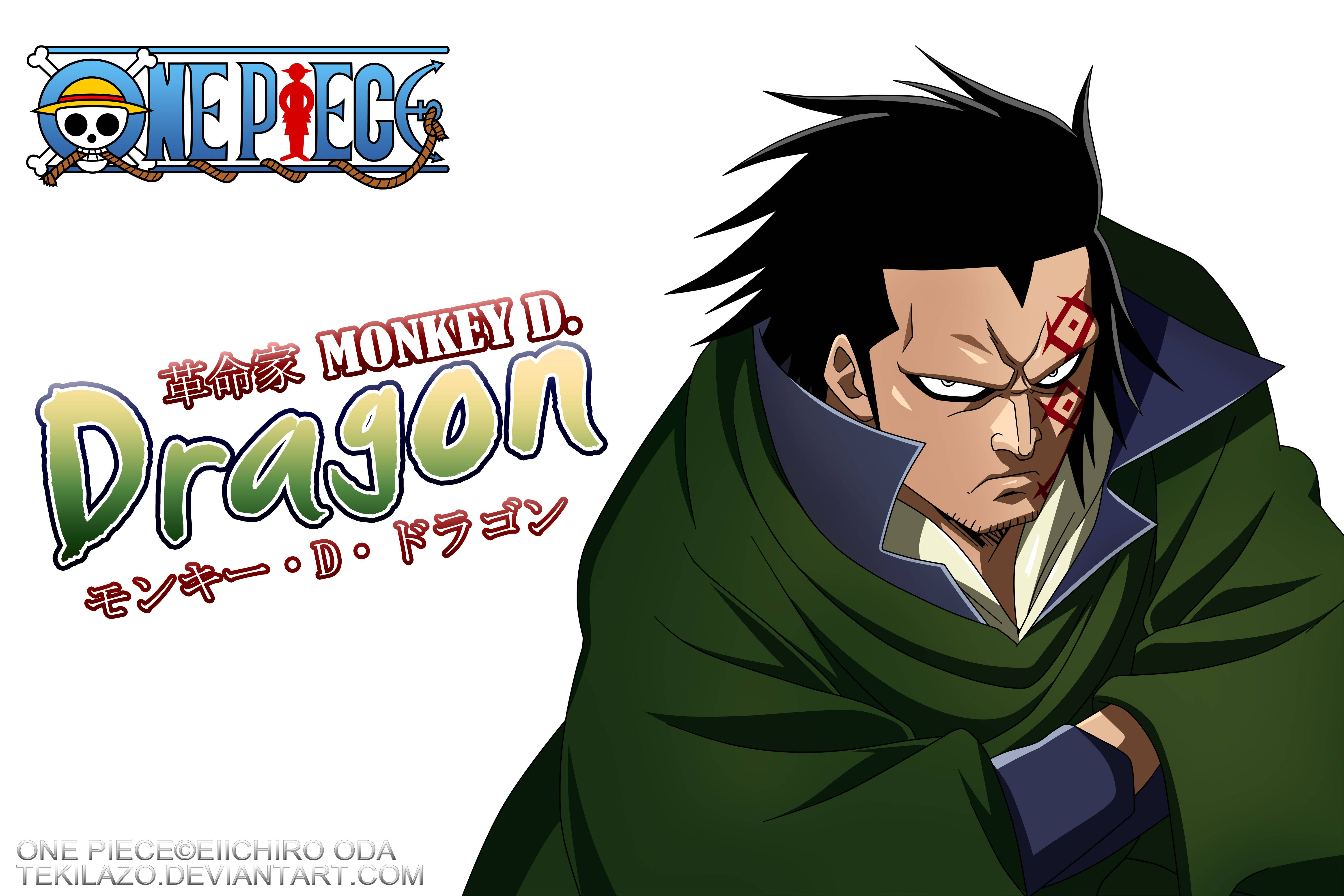 monkey d dragon 桌布 壁紙 — 一個兇猛的動漫角色，黑色頭髮和紅色面部標記，穿著綠色斗篷，背景是白色，帶有One Piece品牌標誌。
