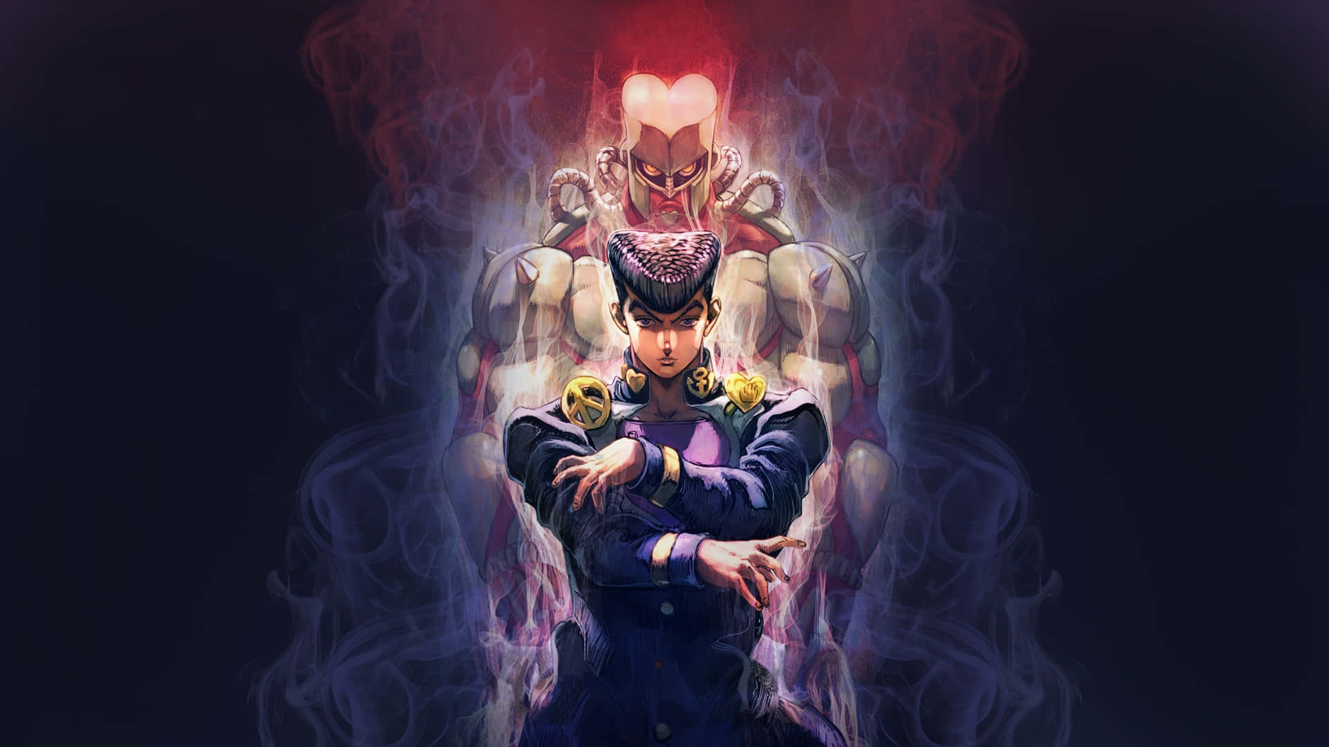 Jjba 桌布 壁紙 — 一個兇猛的動漫角色交叉雙臂站立，身後旋轉的煙霧中出現一個發光的紅色盔甲人物。