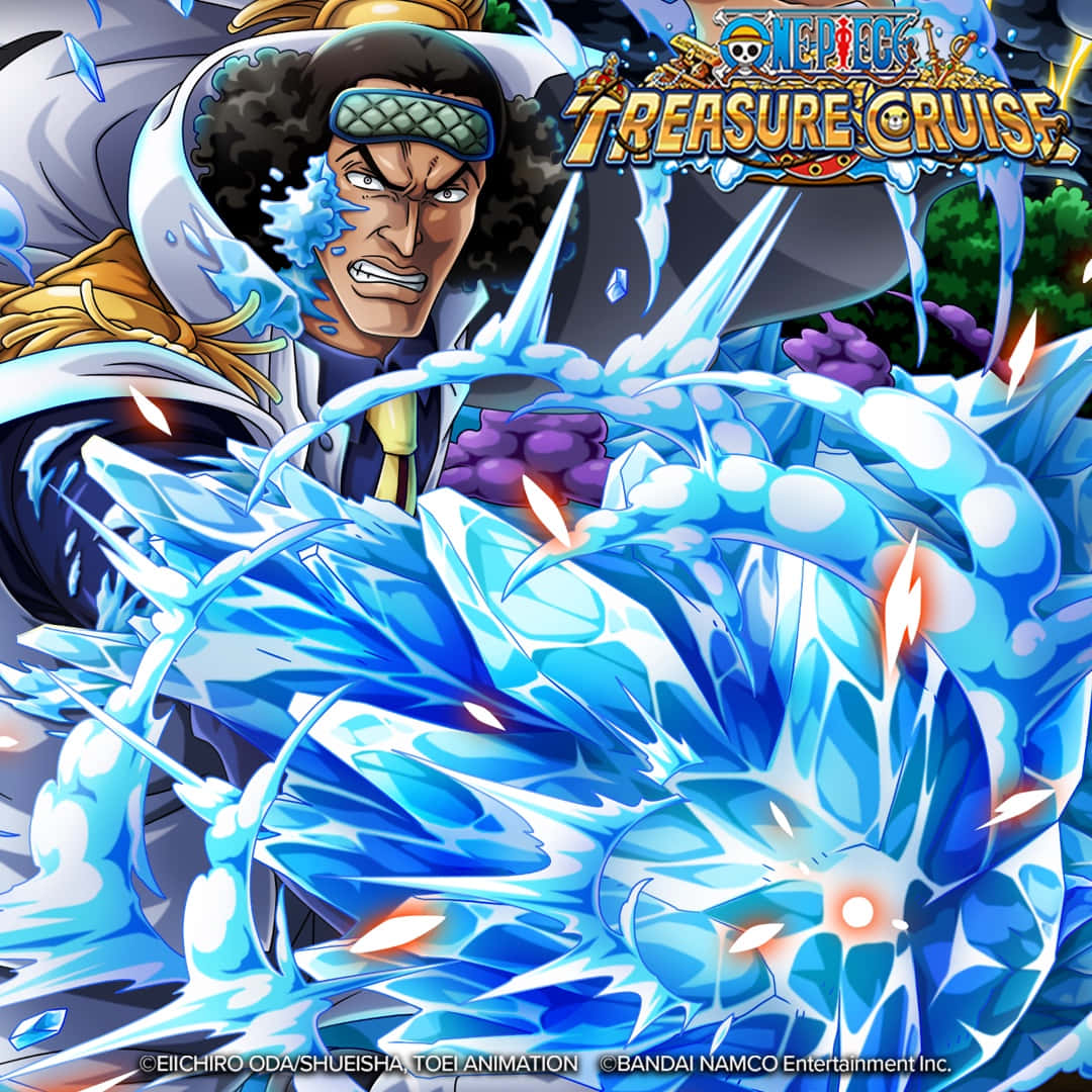 Aokiji 桌布 壁紙 — 一個兇猛的動漫角色在動態戰鬥場景中釋放出帶有發光橙色火花的巨大藍色冰龍攻擊。