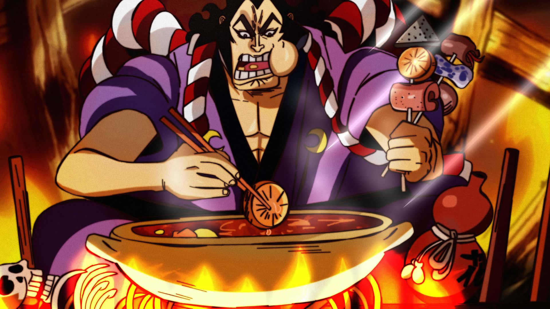 Kozuki Oden 桌布 壁紙 — 一個兇猛的動漫角色穿著紫色長袍，在火焰上的蒸鍋中憤怒地吃東西，同時拿著串燒。