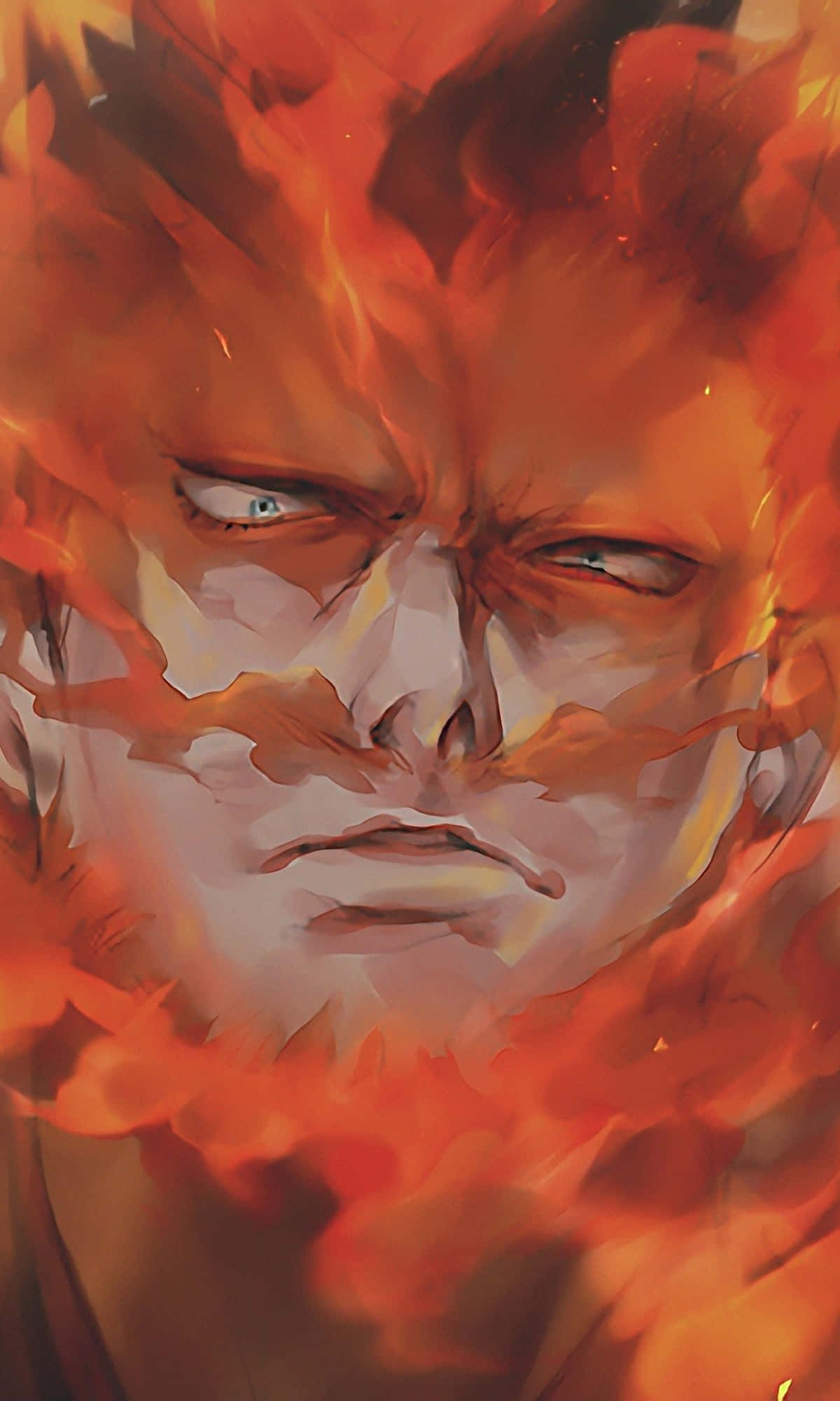 endeavor 桌布 壁紙 — 一個兇猛的動漫角色面孔從旋轉的橙色火焰中浮現，帶有強烈的藍色眼睛和堅定的表情。