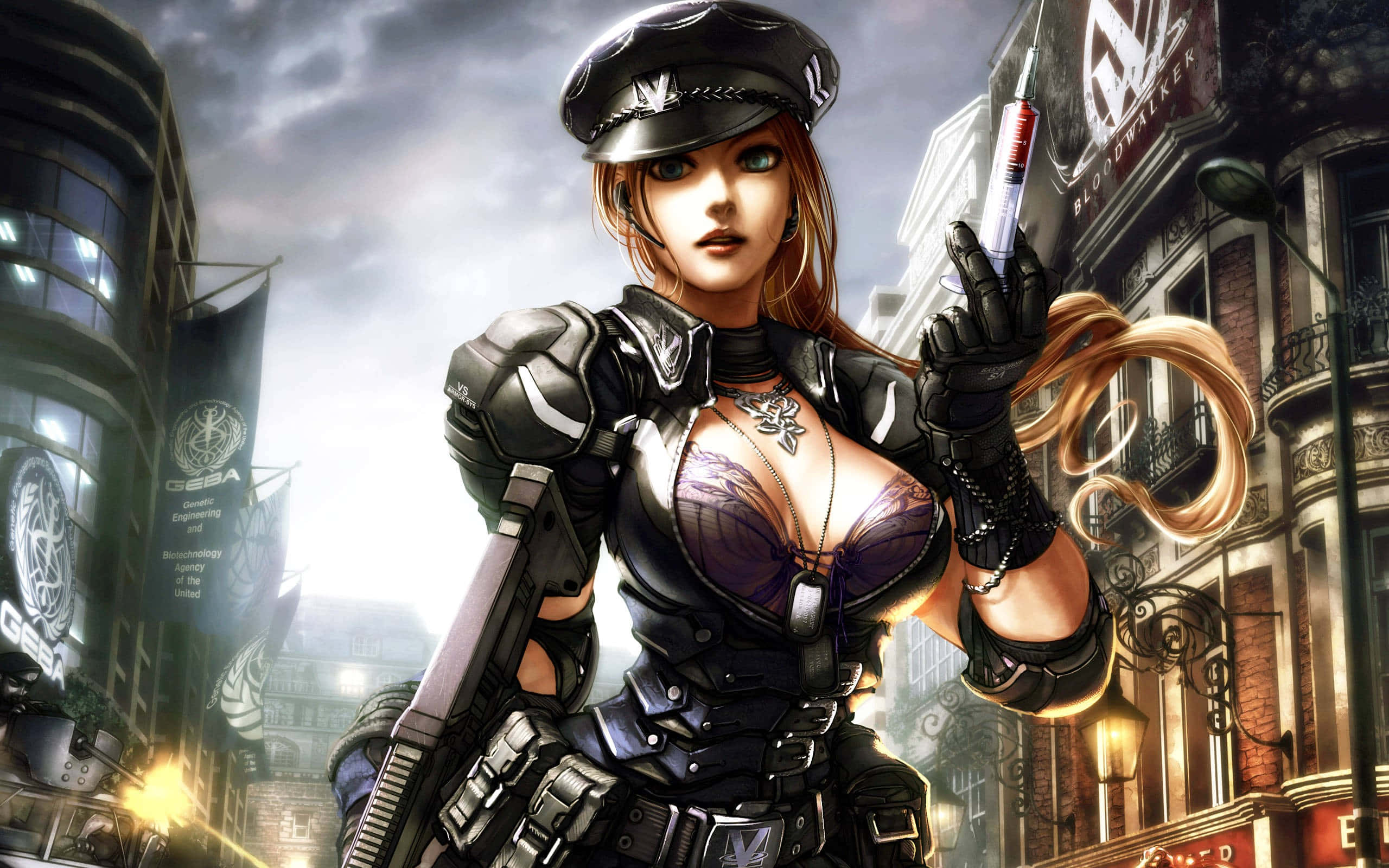 Online Gaming 桌布 壁紙 — 一個兇猛的動漫風格女兵穿著黑色戰術裝備，在風暴天空下的陰暗城市小巷中拿著注射器。
