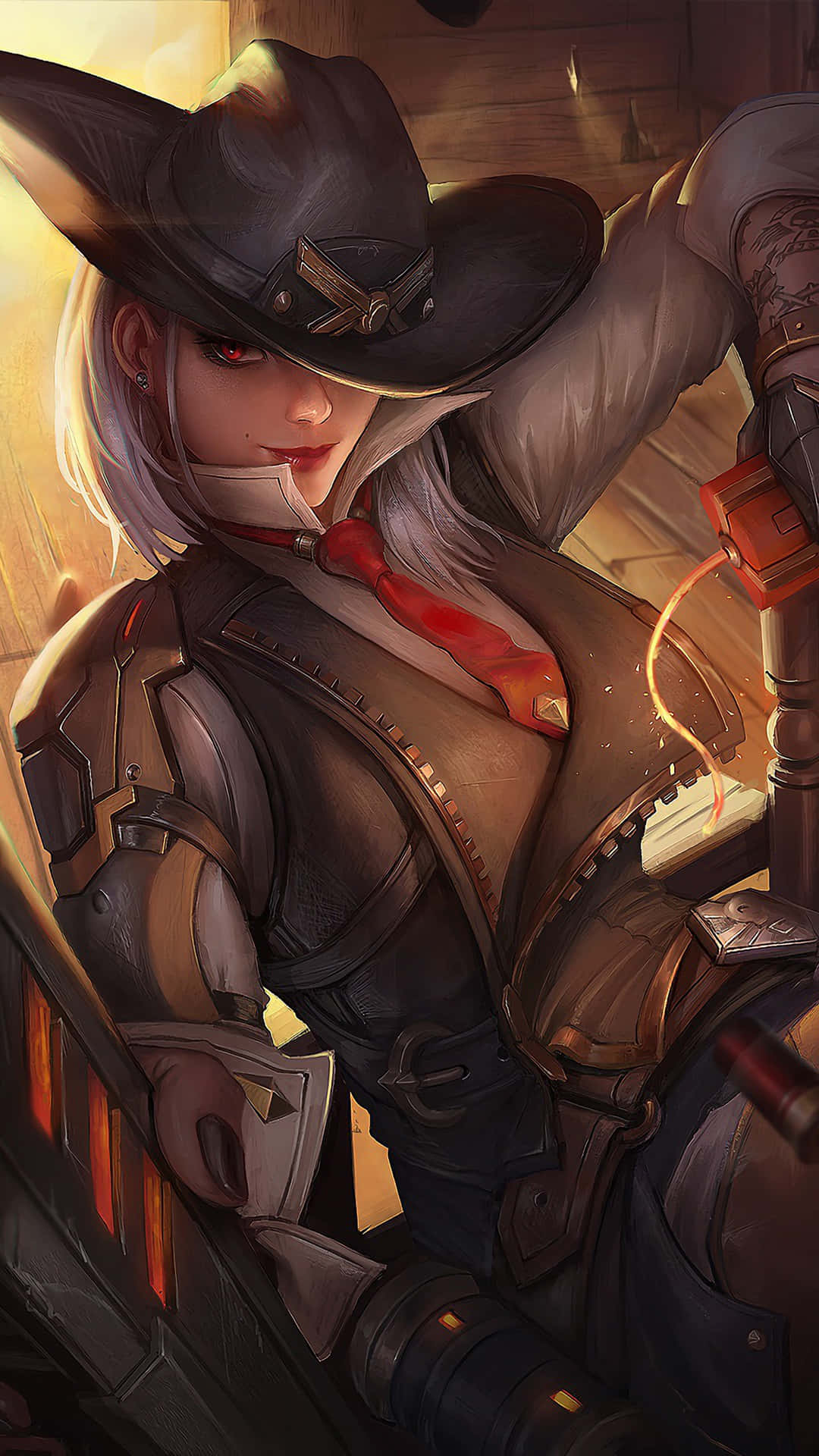 Overwatch 桌布 壁紙 — 一個兇猛的動漫風格女槍手，戴著牛仔帽和皮革裝備，在溫暖的金色光芒中手持冒煙的左輪手槍。