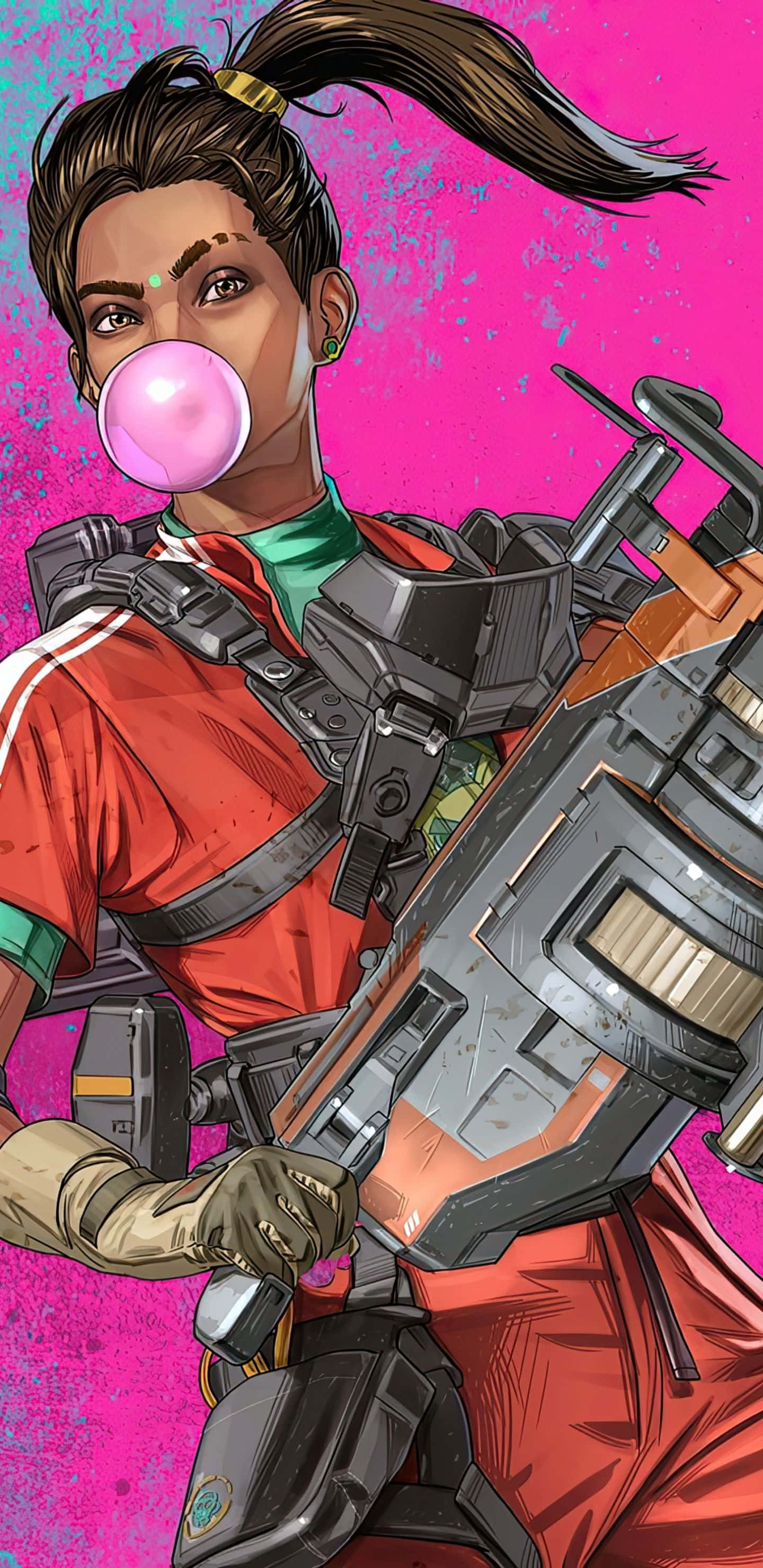Pixel 3xl Apex Legends 桌布 壁紙 — 一個兇猛的動漫風格戰士，在充滿活力的粉紅色背景上吹著泡泡糖，同時揮舞著重型未來武器。