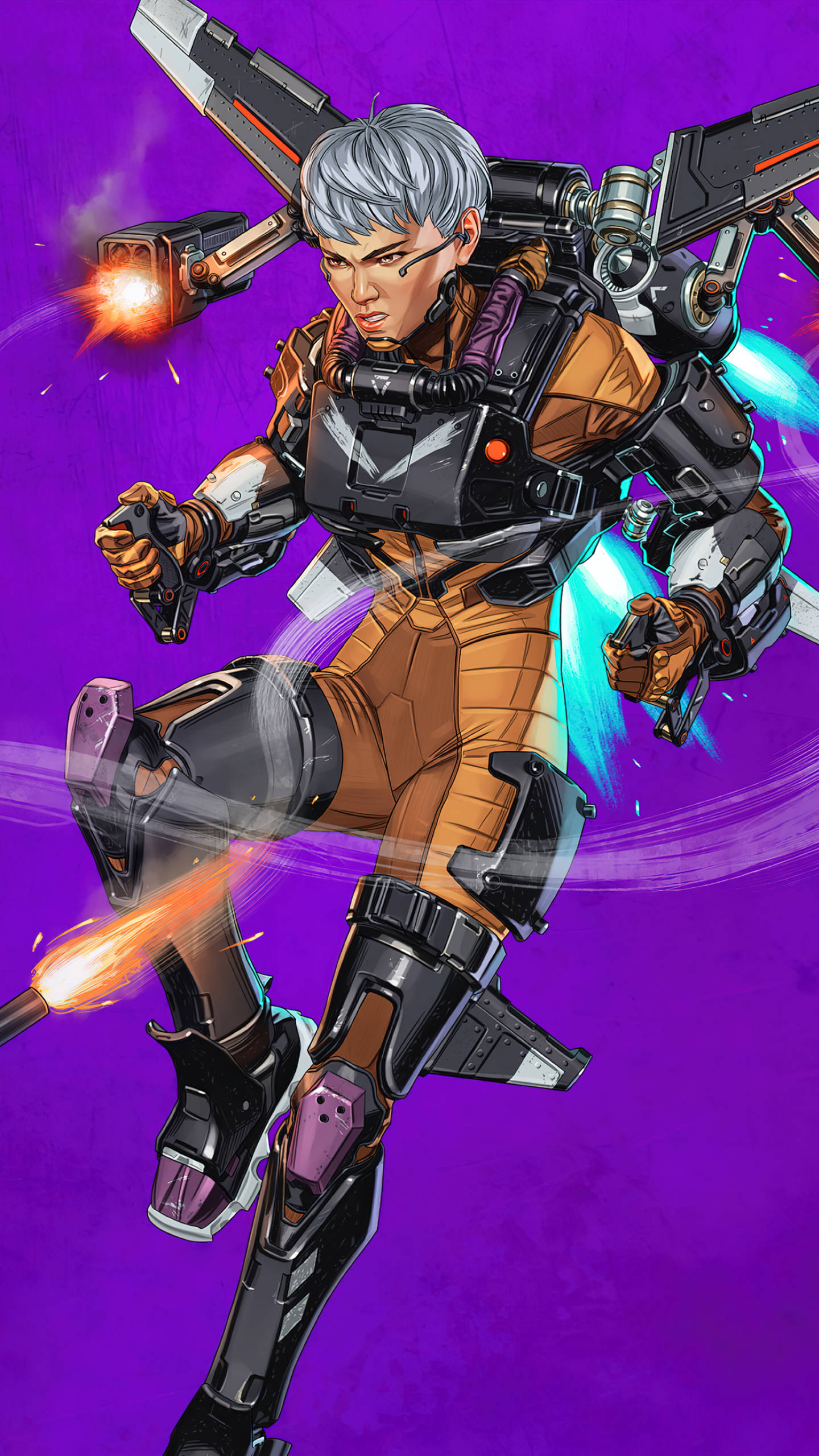 Apex Legends Mobile 桌布 壁紙 — 一個兇猛的動漫風格戰士，銀色頭髮和橙色盔甲，在充滿活力的紫色背景下發射發光武器。